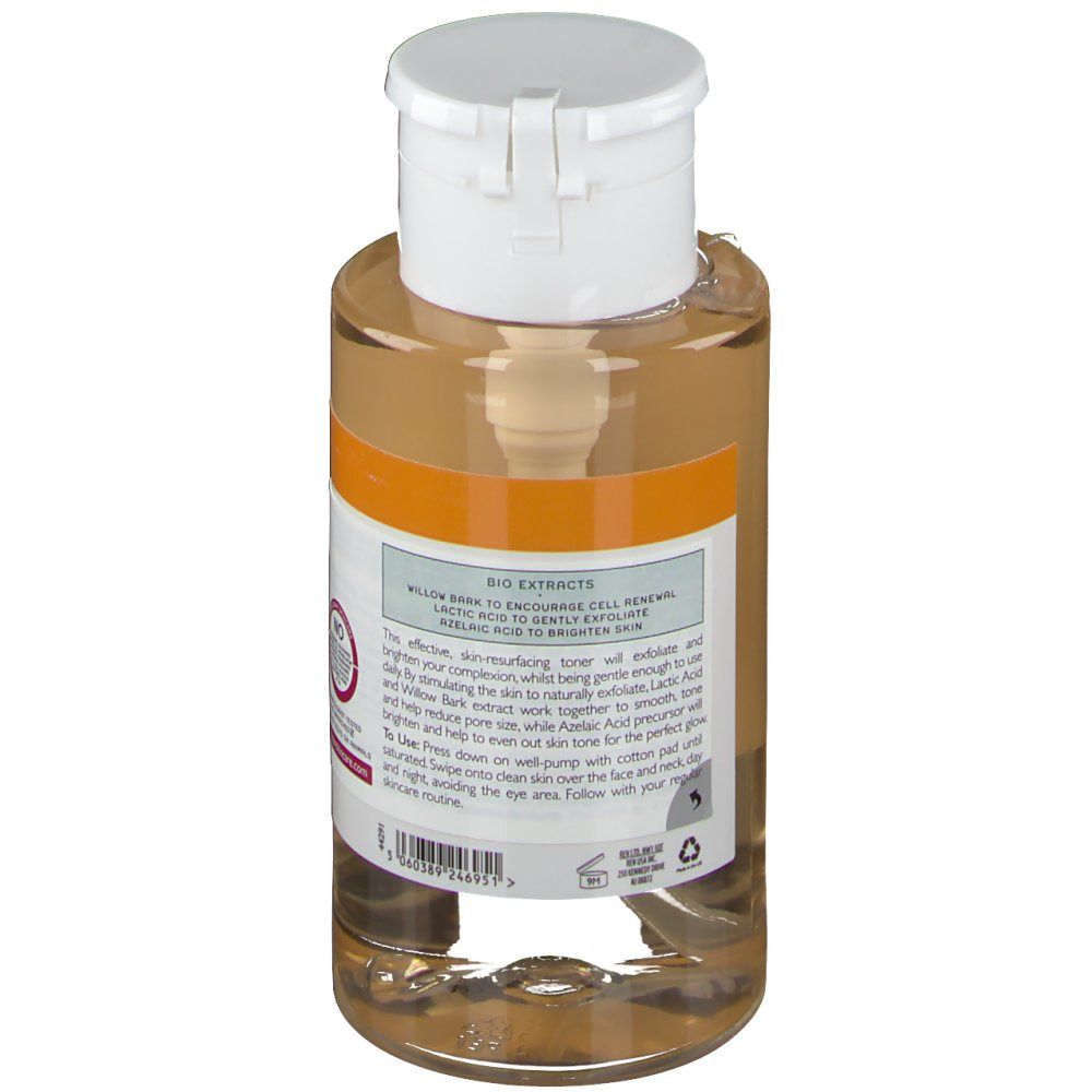 Dos du flacon REN Ready Steady Glow AHA Tonic. Étiquette blanche avec texte. Bande orange.