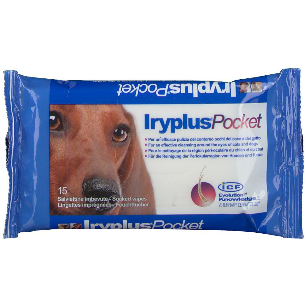 Paquet de lingettes bleues. Inscription: IryplusPocket. Image d'un chien. Texte multilingue.