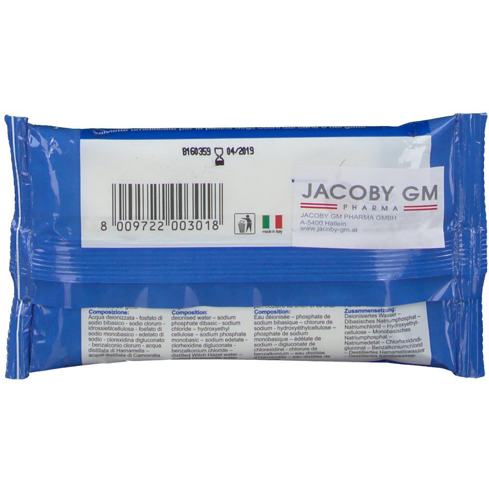 Dos du paquet bleu. Code-barres, texte et logo Jacoby GM Pharma.