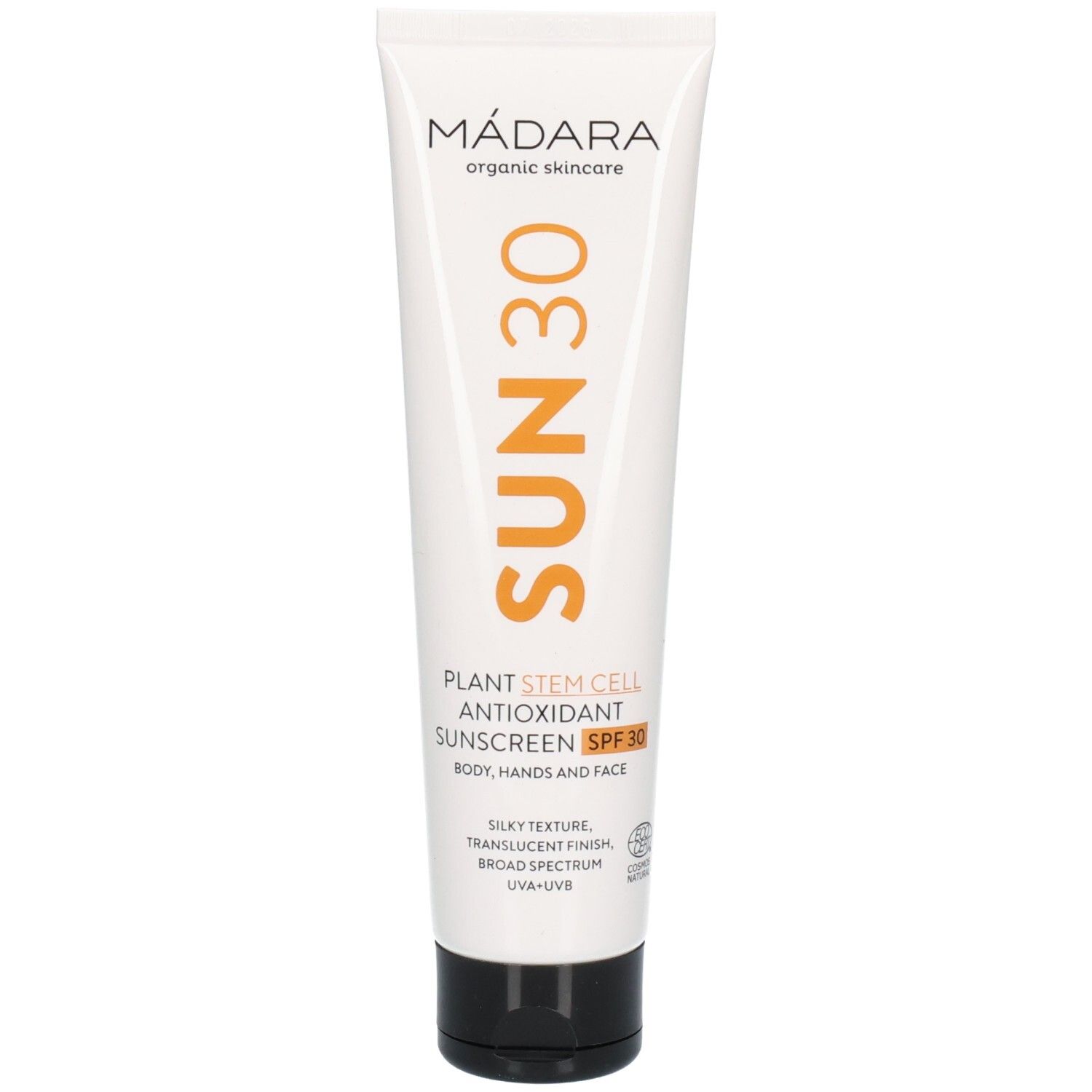 Tube blanc avec bouchon noir. Inscription: SUN 30, crème solaire antioxydante, SPF 30. Marque: MADARA.
