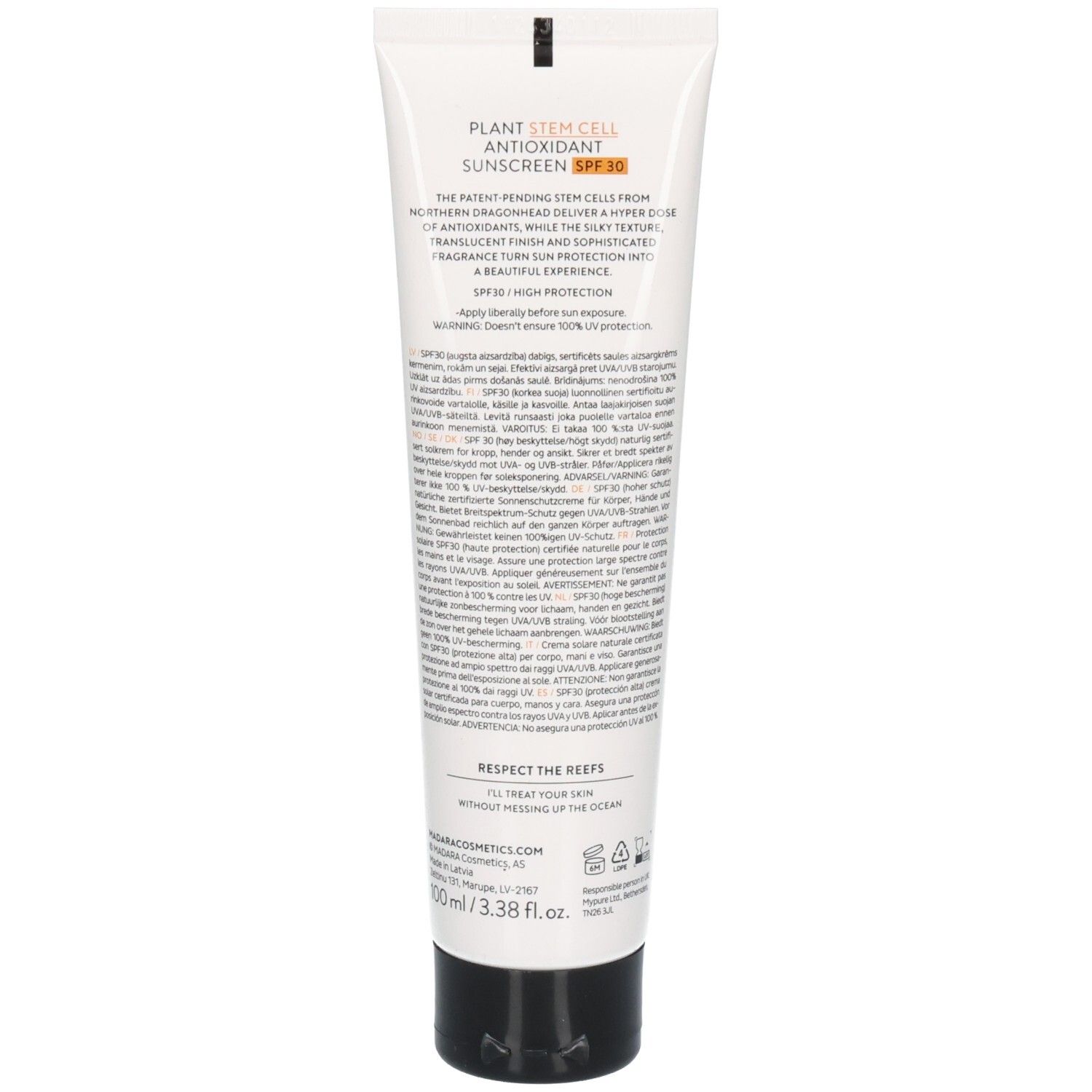 Dos du tube blanc. Texte: Crème solaire antioxydante SPF 30. Contient du texte en plusieurs langues. Marque: MADARA.