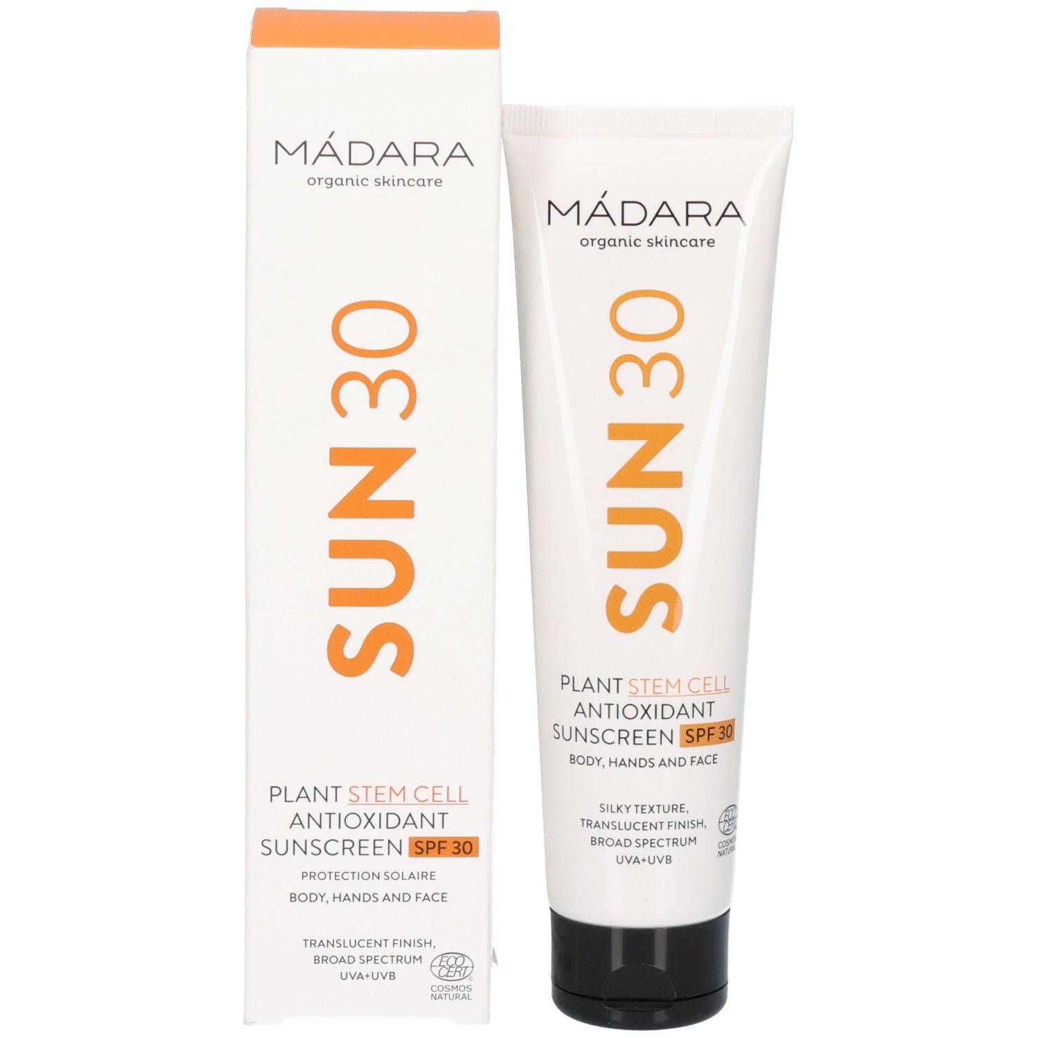 Emballage du produit: tube et boîte. Inscription: SUN 30, crème solaire antioxydante, SPF 30. Marque: MADARA.