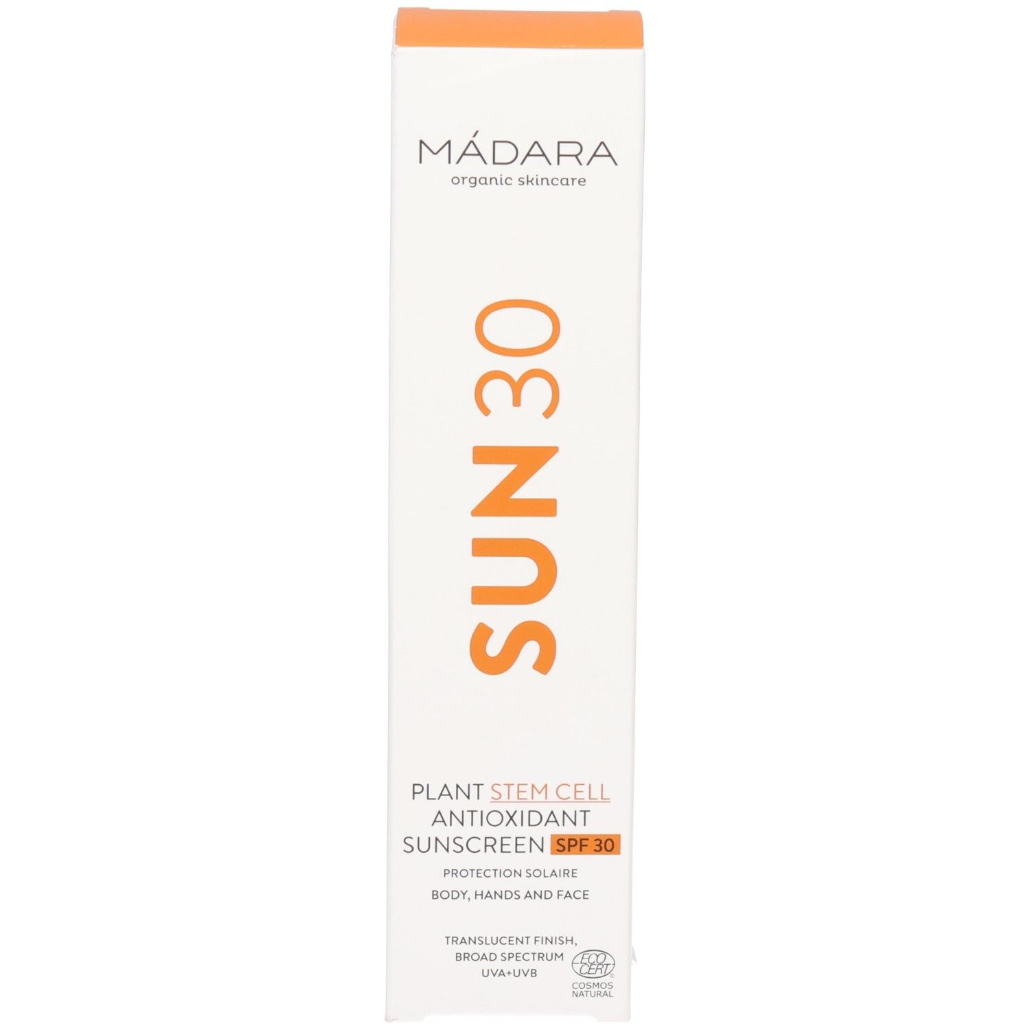 Emballage en carton. Inscription: SUN 30, crème solaire antioxydante, SPF 30. Marque: MADARA. Couleurs: orange et blanc.