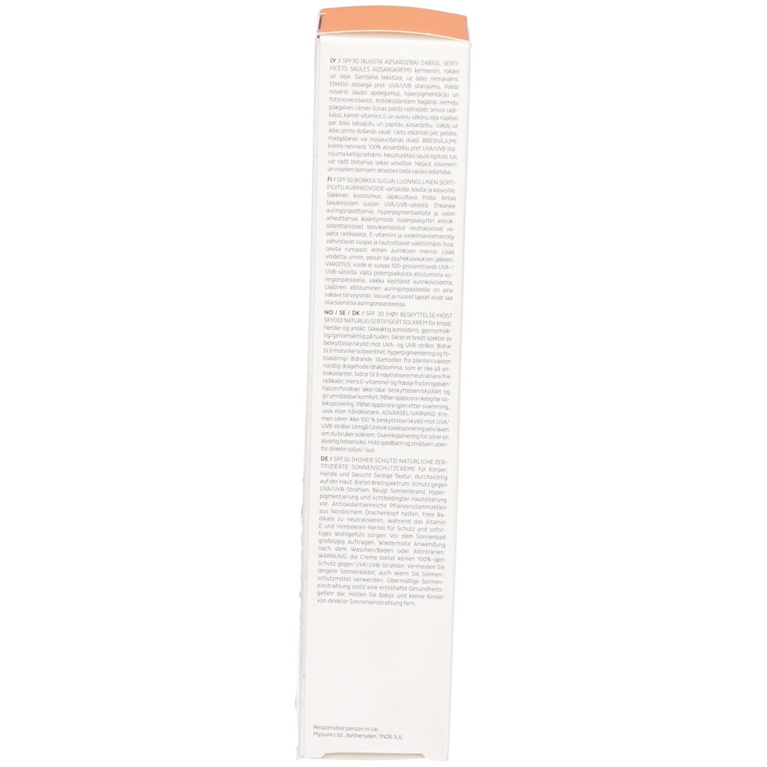 Emballage en carton, dos. Texte en plusieurs langues. Contient des informations sur la crème solaire. Marque: MADARA.