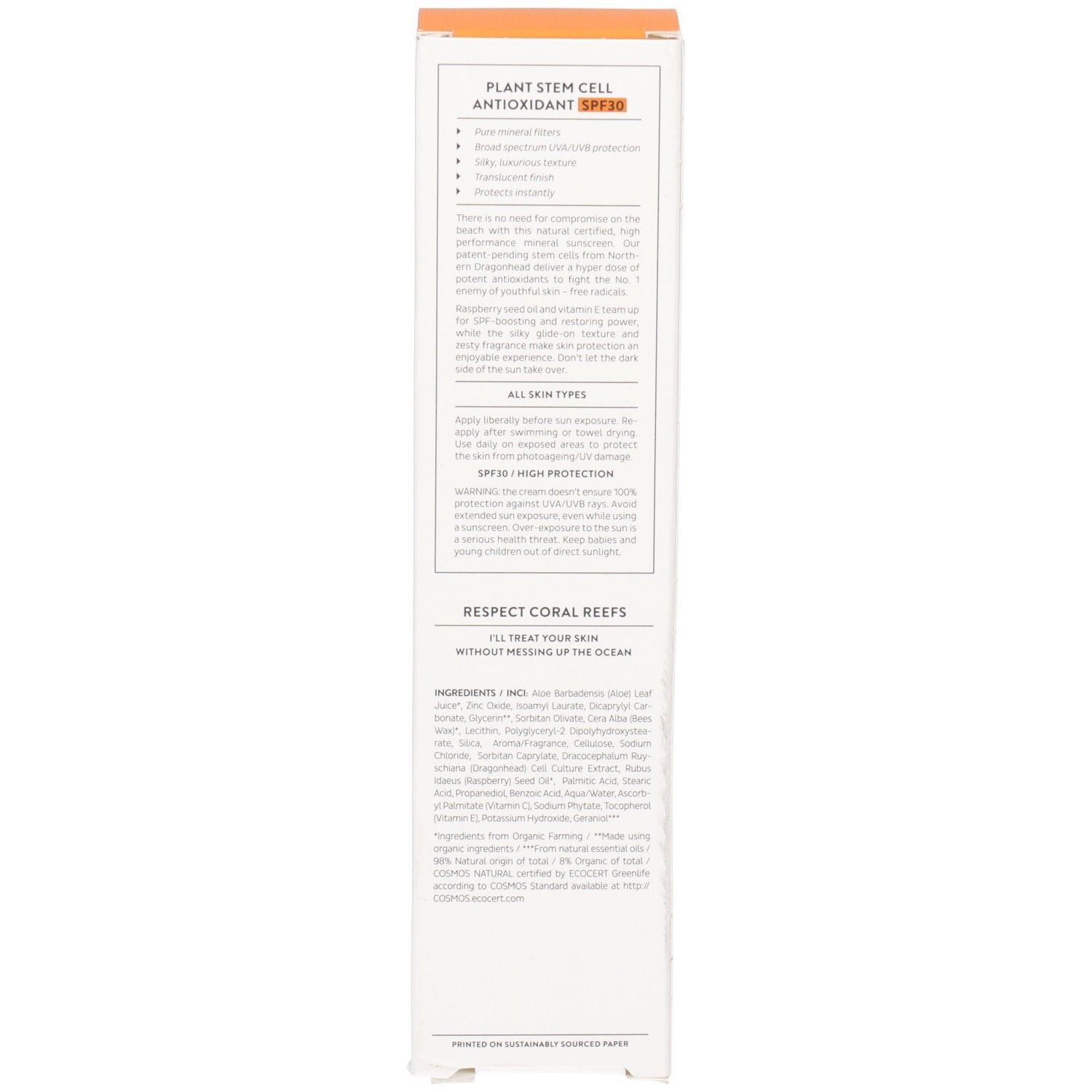 Emballage en carton, dos. Ingrédients et informations sur la crème solaire. Marque: MADARA. Couleurs: blanc et marron.