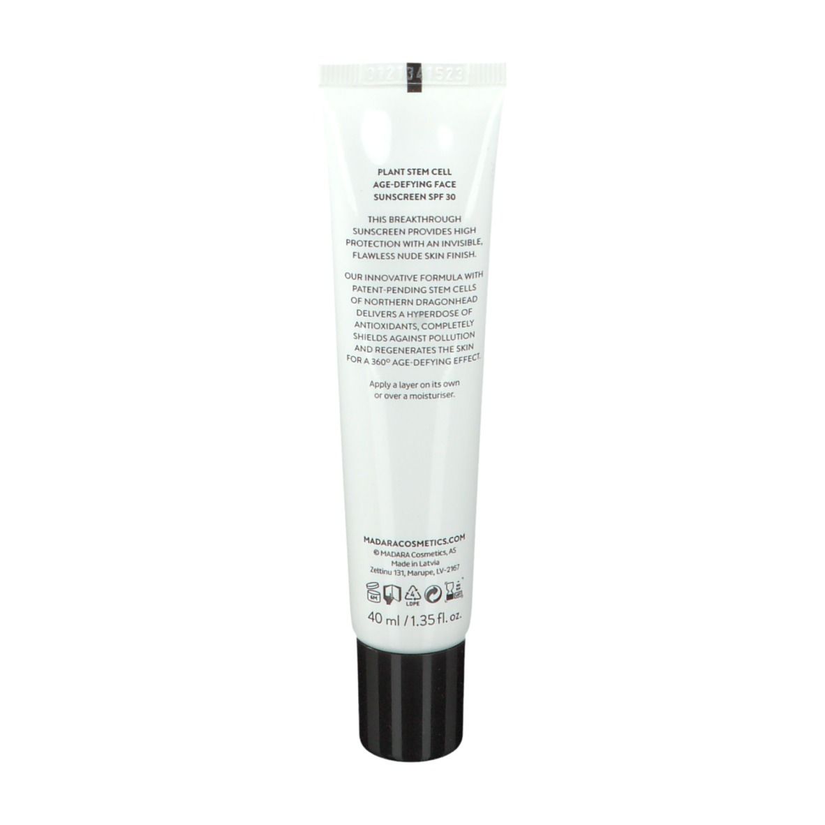 Dos du tube blanc. Texte: description du produit, ingrédients, MADARA Cosmetics. Bouchon noir.