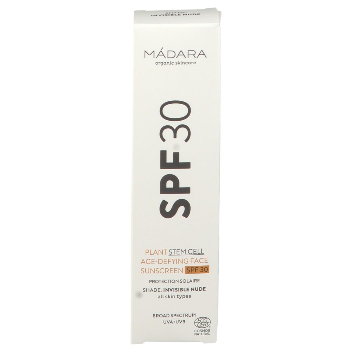 Boîte blanche. Inscription: SPF 30, MADARA, Plant Stem Cell Age-Defying Face Sunscreen. Certification.