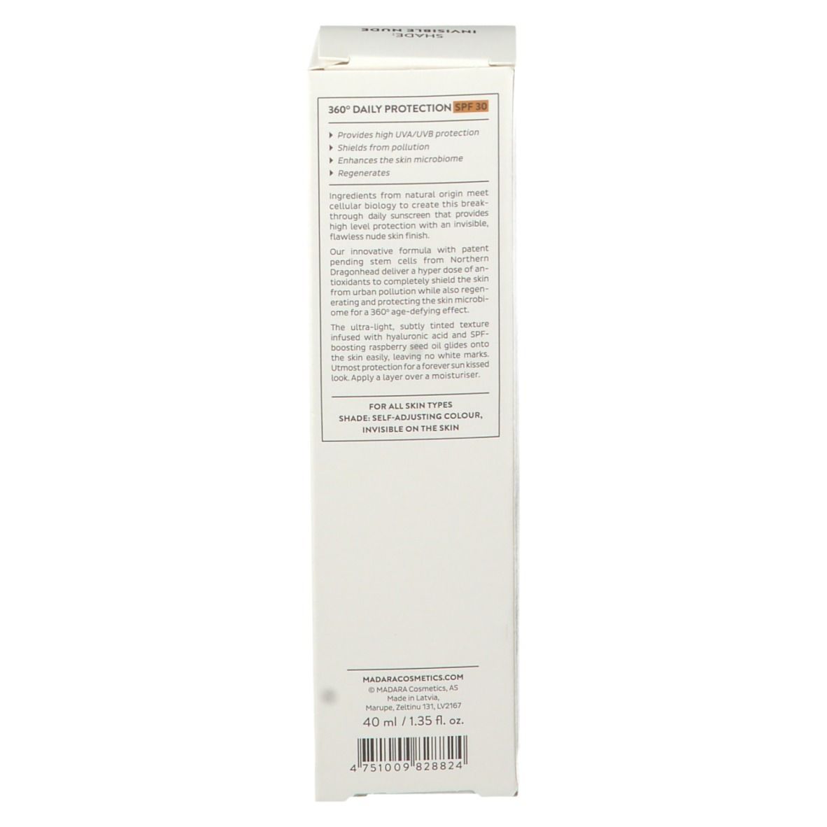 Côté de la boîte. Texte: description du produit, ingrédients, MADARA Cosmetics. Certification.