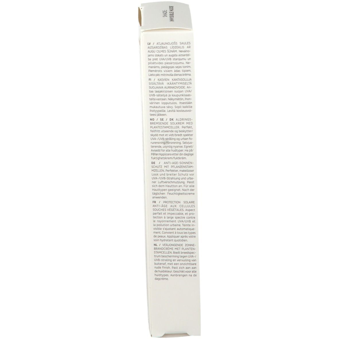 Côté de la boîte. Texte: description du produit, ingrédients, MADARA Cosmetics. Certification.
