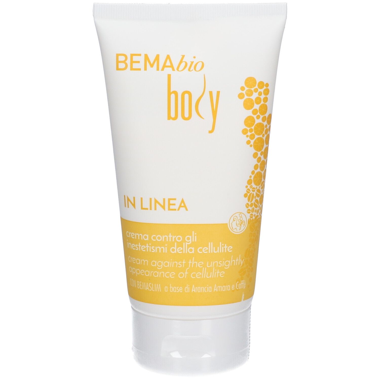 Tube de crème avec accents jaunes. Inscription: BEMA bio body, IN LINEA, crema contro gli inestetismi della cellulite.
