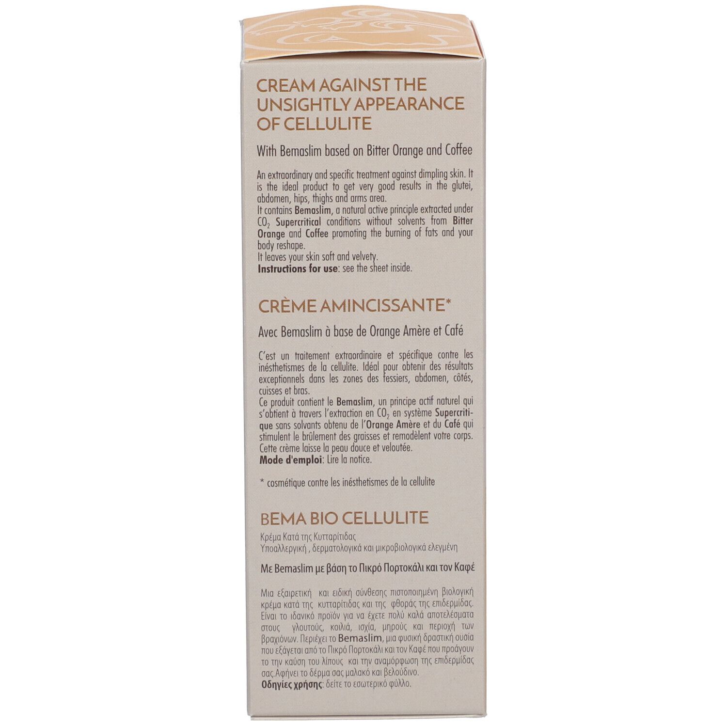 Dos de la boîte. Texte: cream against the unsightly appearance of cellulite, avec Bemaslim, à base d'orange amère et de café.