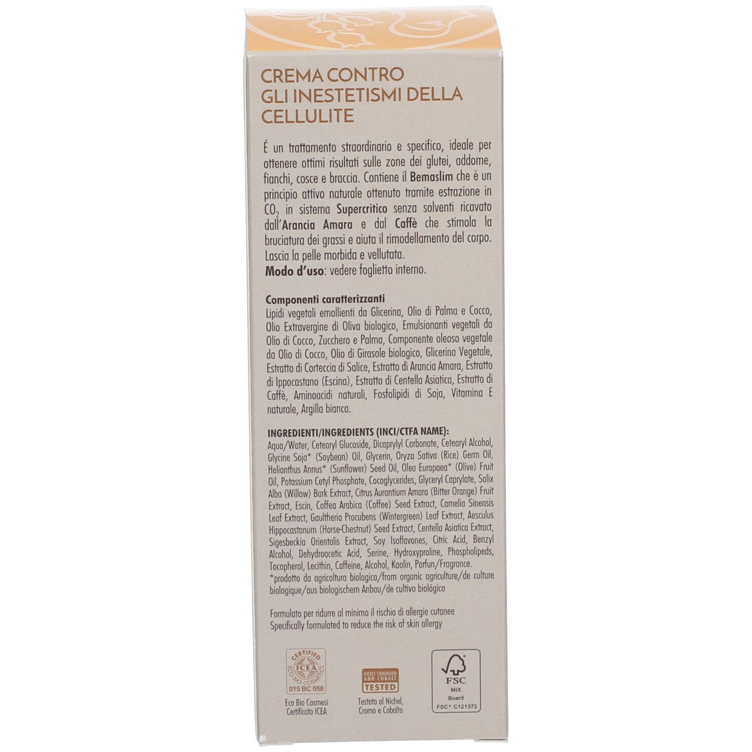 Dos de la boîte. Texte: crema contro gli inestetismi della cellulite, ingrédients, mode d'emploi, certifications.