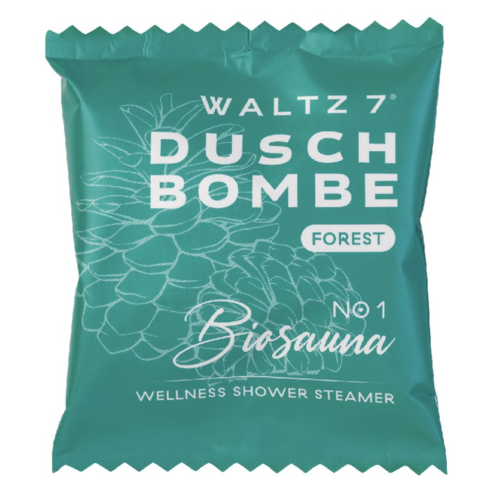 Emballage turquoise avec "WALTZ 7" et "Duschbombe". Illustration de pin. "Biosana" et "Wellness Shower Steamer".