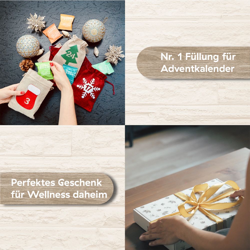 Divers emballages cadeaux et décorations. Texte : Nr. 1 Füllung für Adventskalender, Perfektes Geschenk für Wellness daheim.