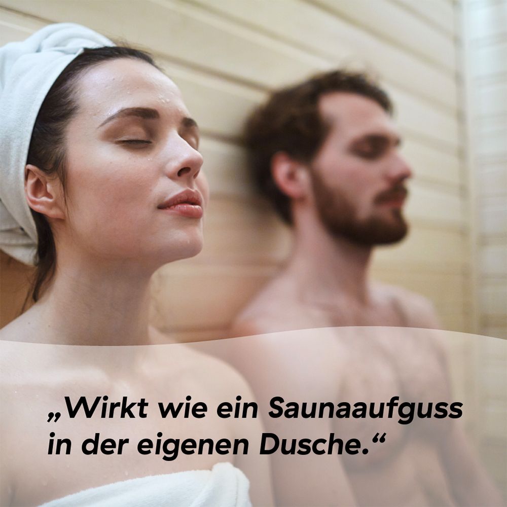 Homme et femme dans un sauna. Texte : Wirkt wie ein Saunaaufguss in der eigenen Dusche.