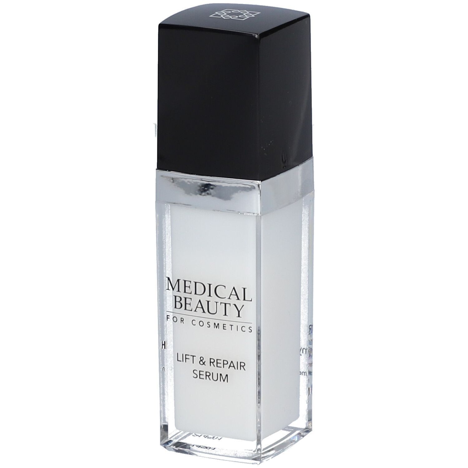 Flacon de sérum avec bouchon noir et bord argenté. Inscription : MEDICAL BEAUTY, LIFT & REPAIR SERUM.