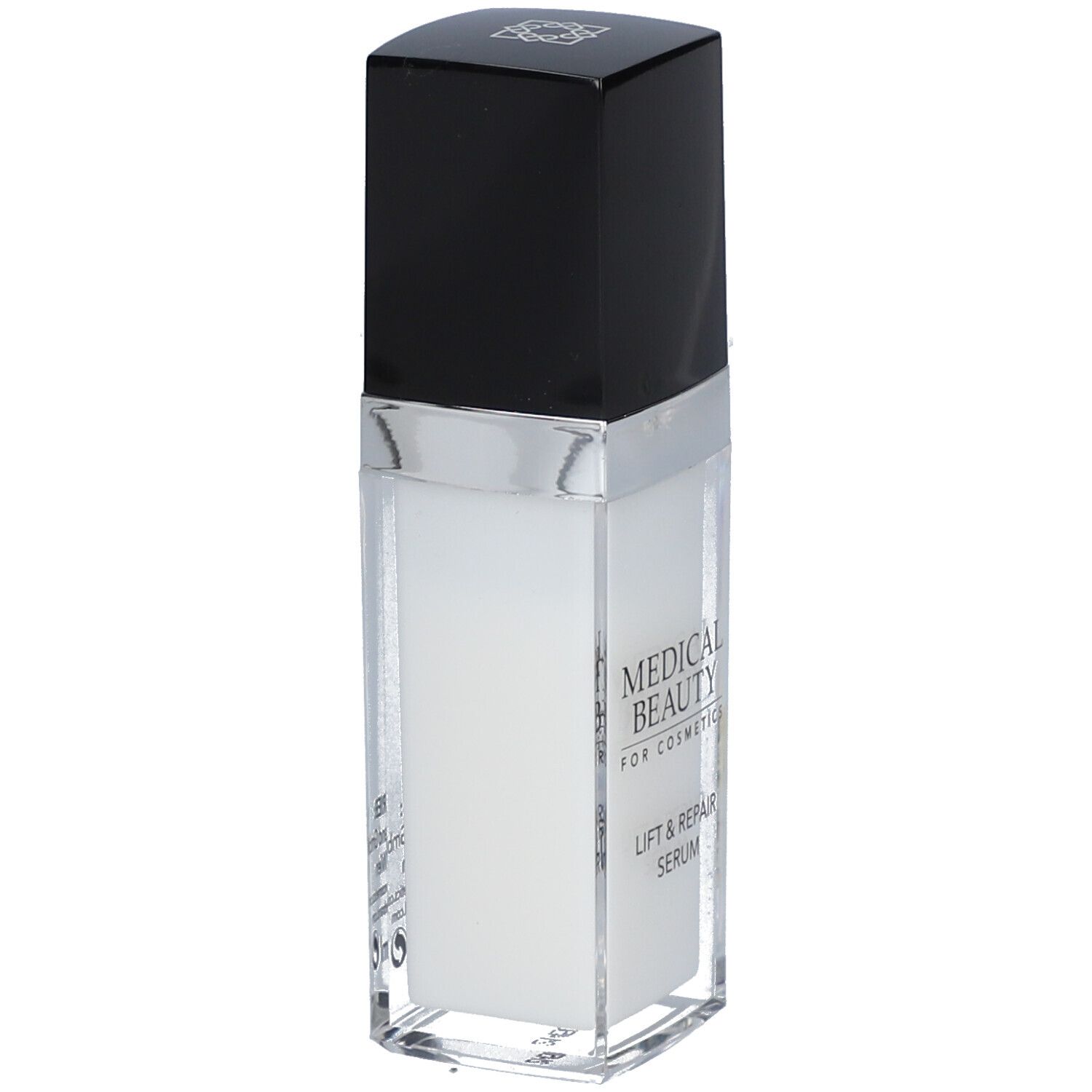 Flacon de sérum avec bouchon noir et bord argenté. Inscription : MEDICAL BEAUTY, LIFT & REPAIR SERUM.
