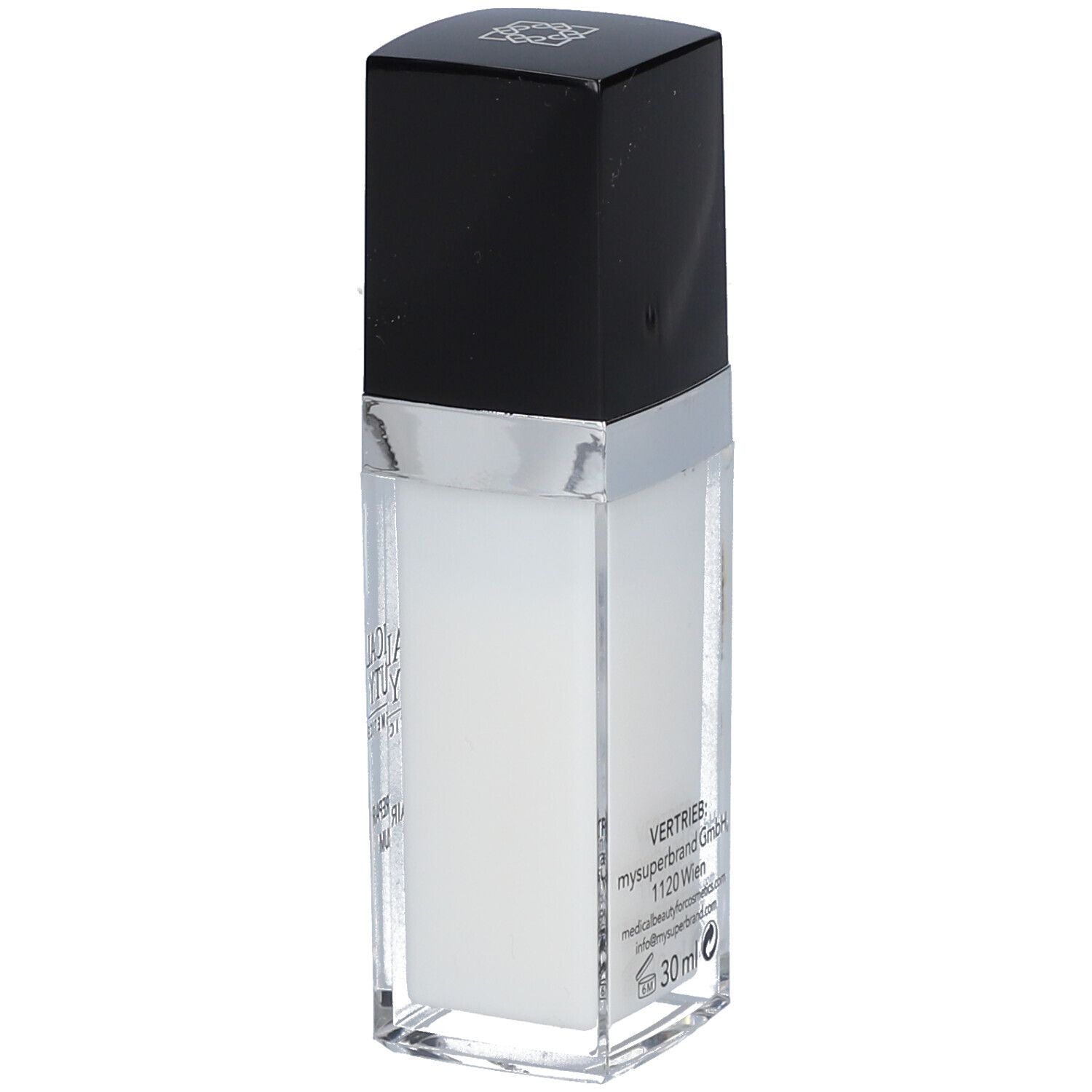 Flacon de sérum avec bouchon noir et bord argenté. Inscription : MEDICAL BEAUTY, LIFT & REPAIR SERUM. Texte au dos.
