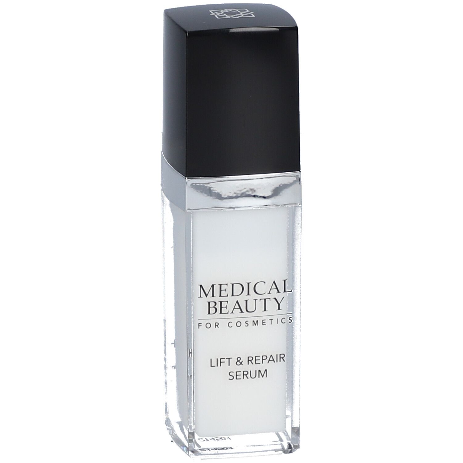 Flacon de sérum avec bouchon noir et bord argenté. Inscription : MEDICAL BEAUTY, LIFT & REPAIR SERUM.