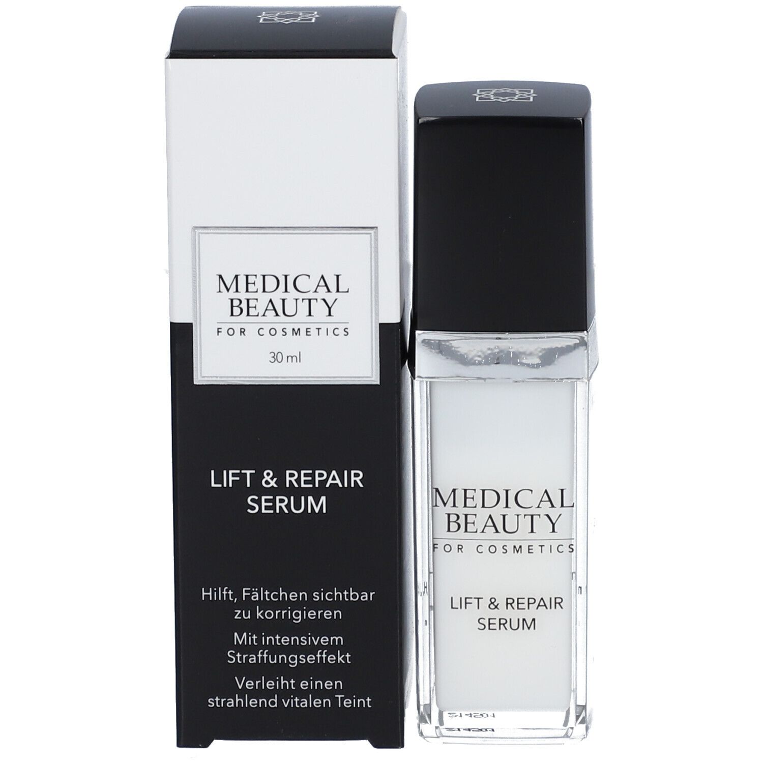 Flacon de sérum et emballage. Inscription : MEDICAL BEAUTY, LIFT & REPAIR SERUM. Emballage avec texte.