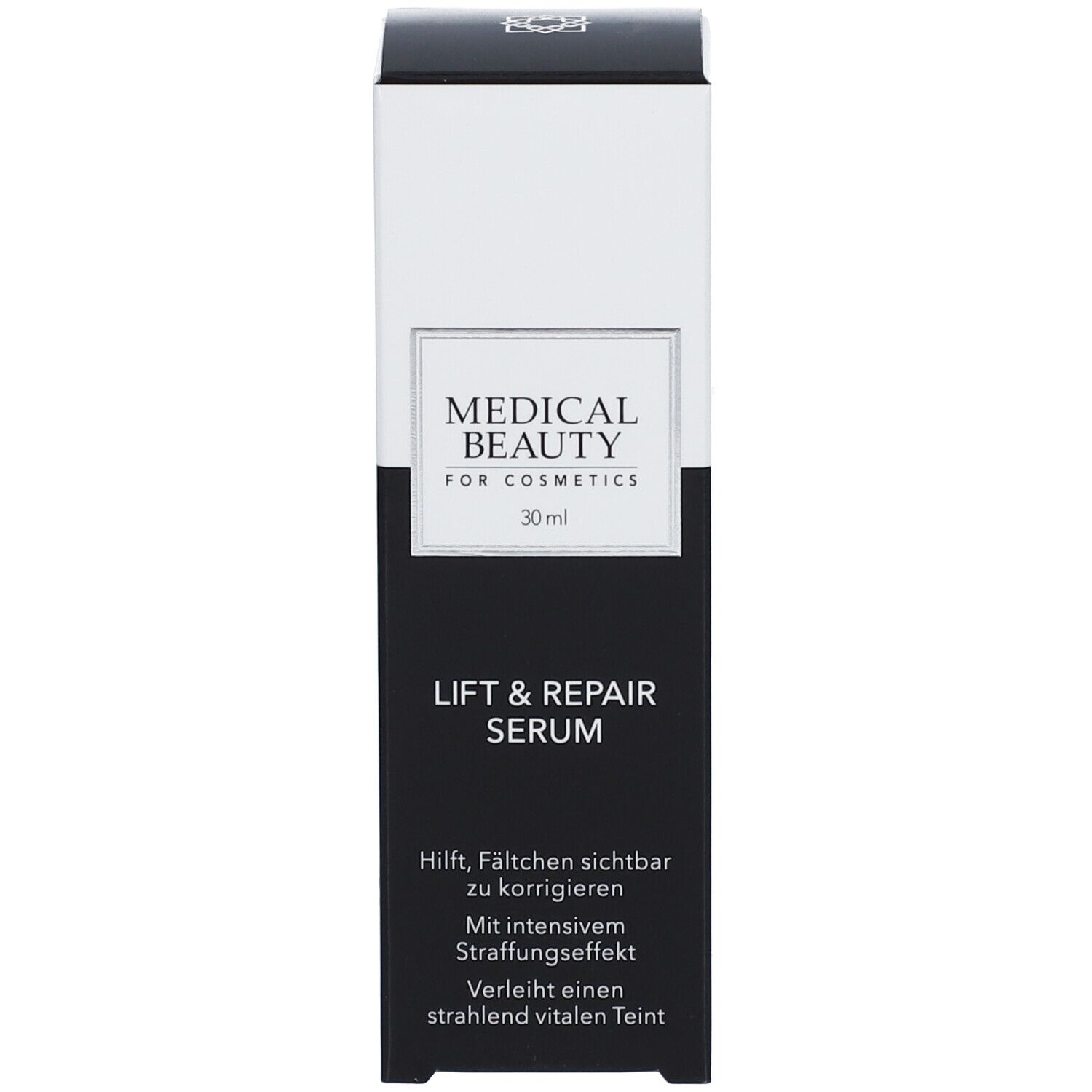 Emballage avec inscription : MEDICAL BEAUTY, LIFT & REPAIR SERUM. Texte sur l'emballage.