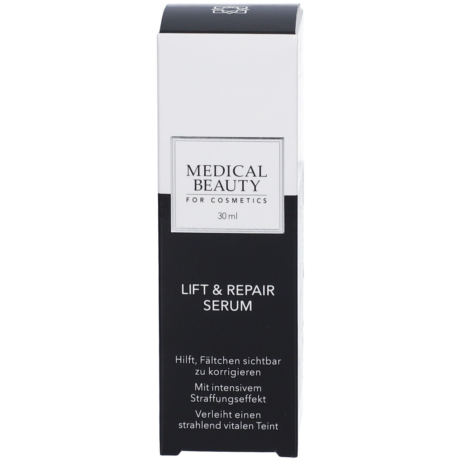 Emballage avec inscription : MEDICAL BEAUTY, LIFT & REPAIR SERUM. Texte sur l'emballage.