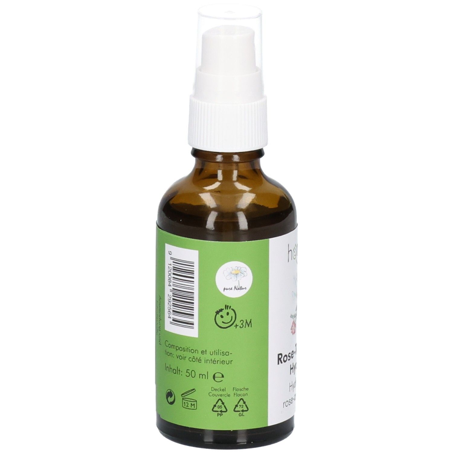 Flacon en verre brun avec vaporisateur blanc. Étiquette avec ingrédients et instructions.