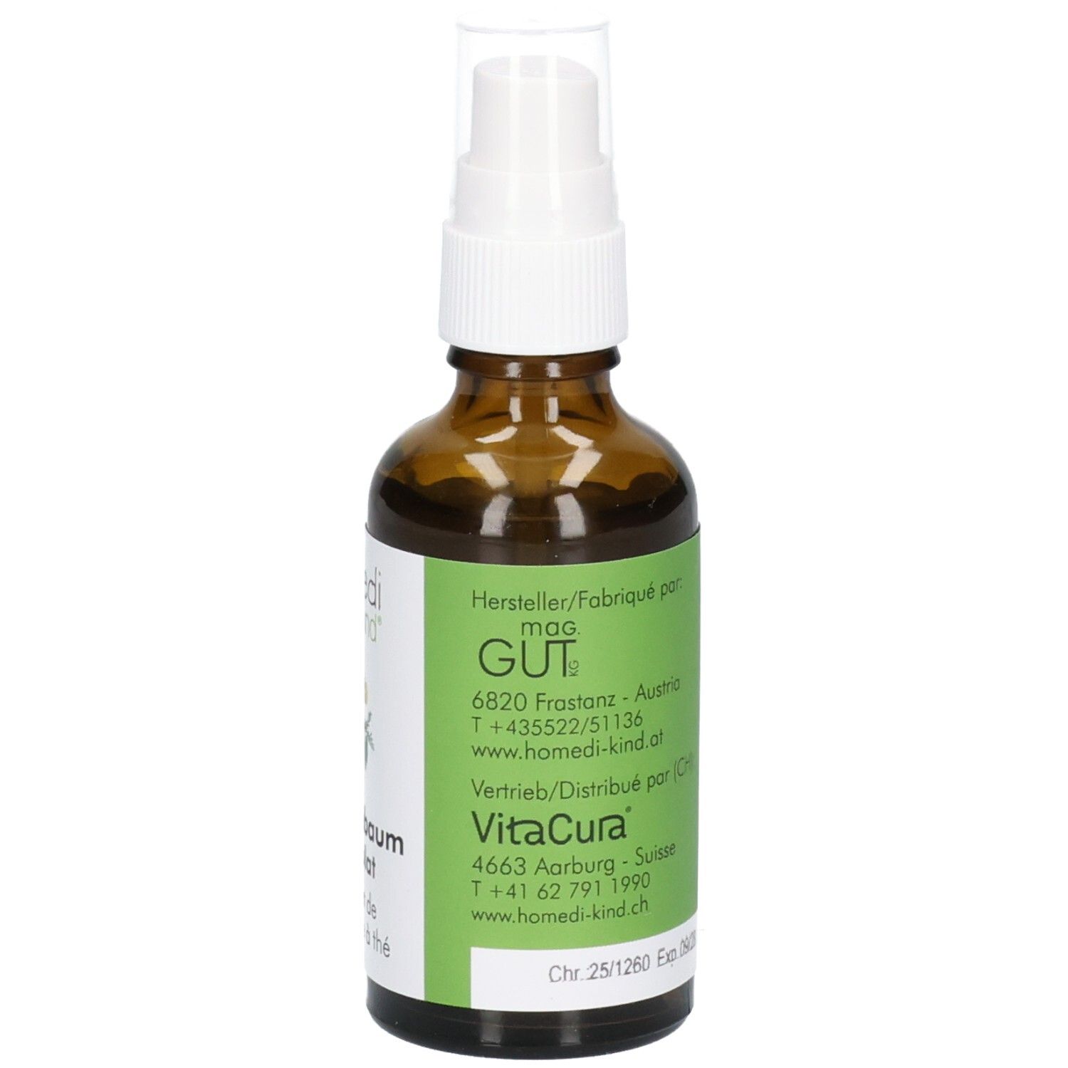 Flacon en verre brun avec vaporisateur blanc. Étiquette avec informations et ingrédients.