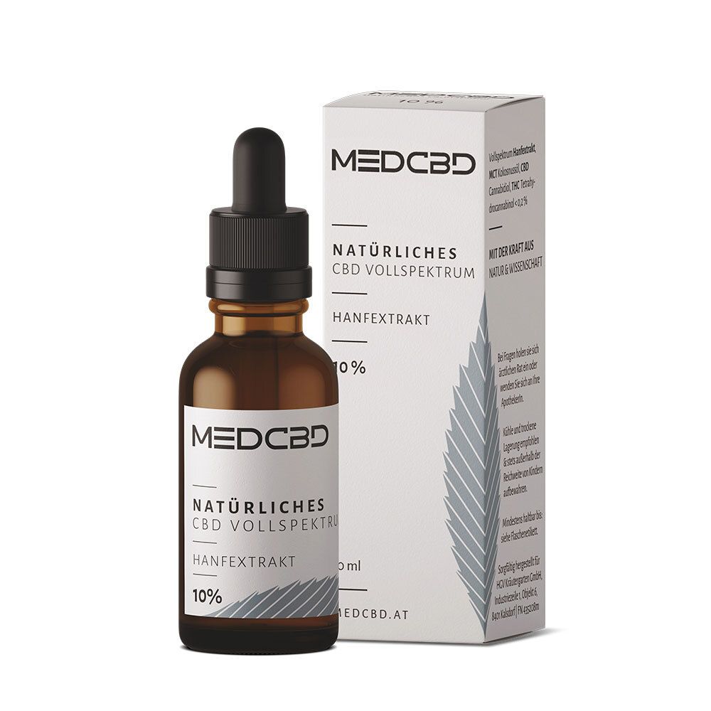 Flacon en verre brun avec compte-gouttes et emballage blanc. Inscription : MEDCBD, 10 % CBD spectre complet extrait de chanvre.