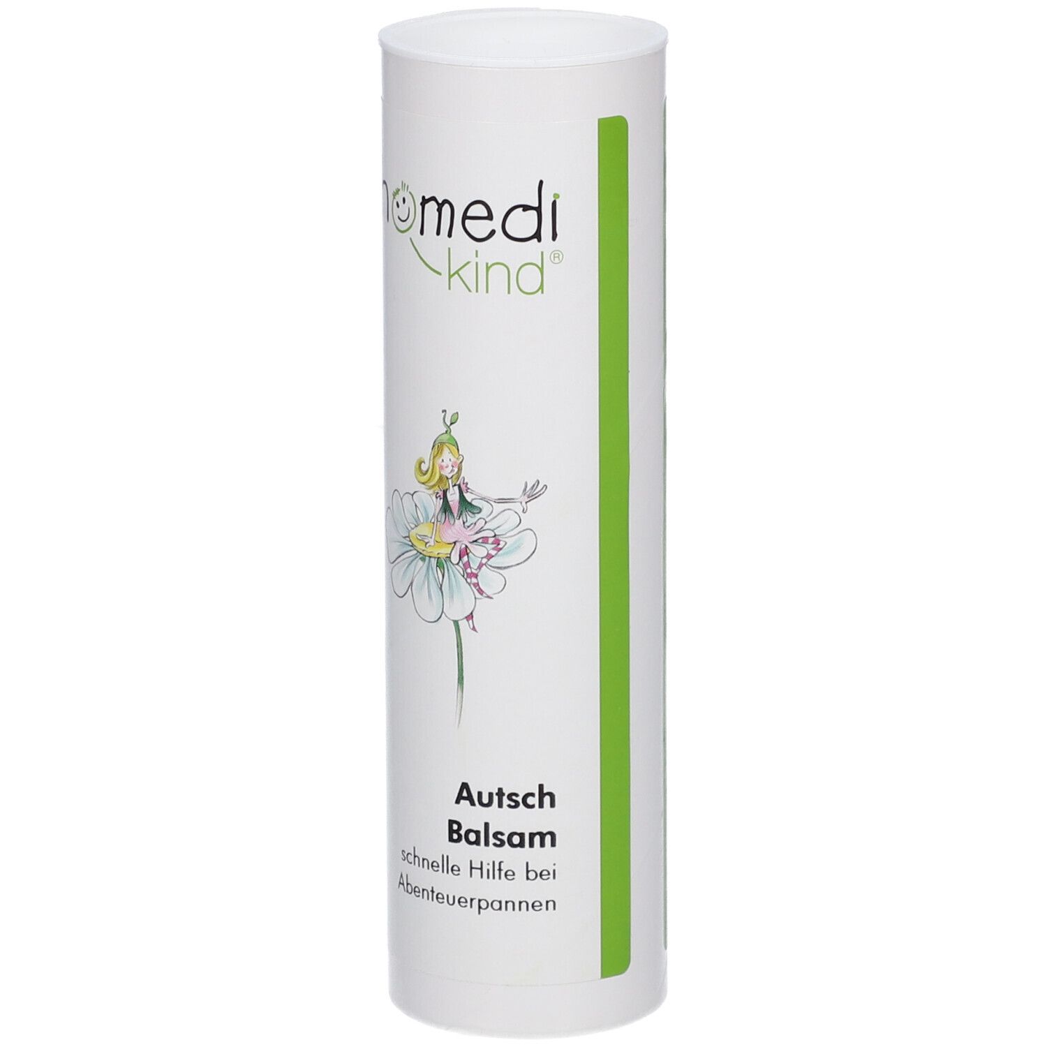 Emballage cylindrique avec logo homedi-kind® et illustration. Texte : Autsch Balsam, aide rapide pour les aventures.