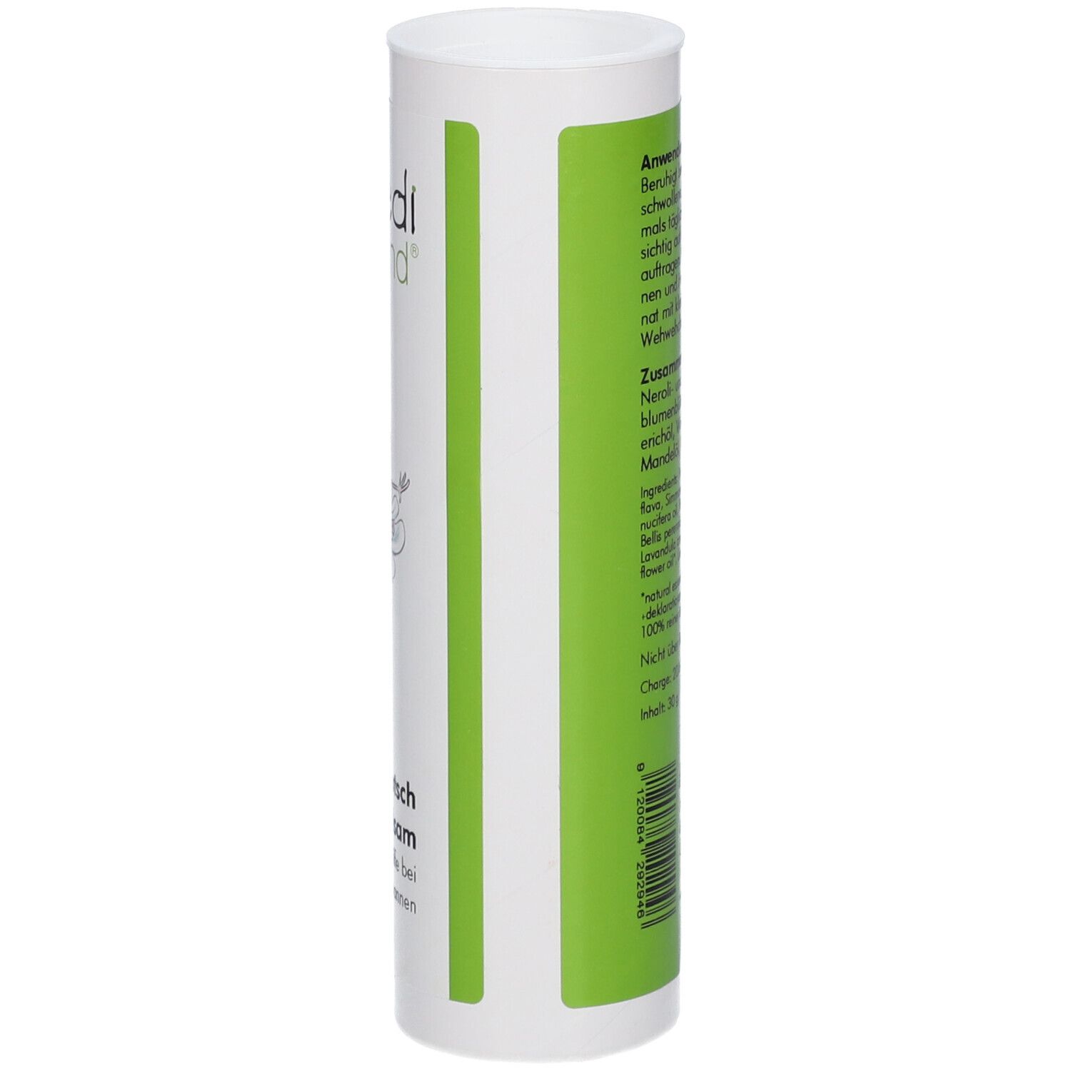 Emballage cylindrique, logo homedi-kind®. Texte et ingrédients en vert. Dos avec informations et logo.