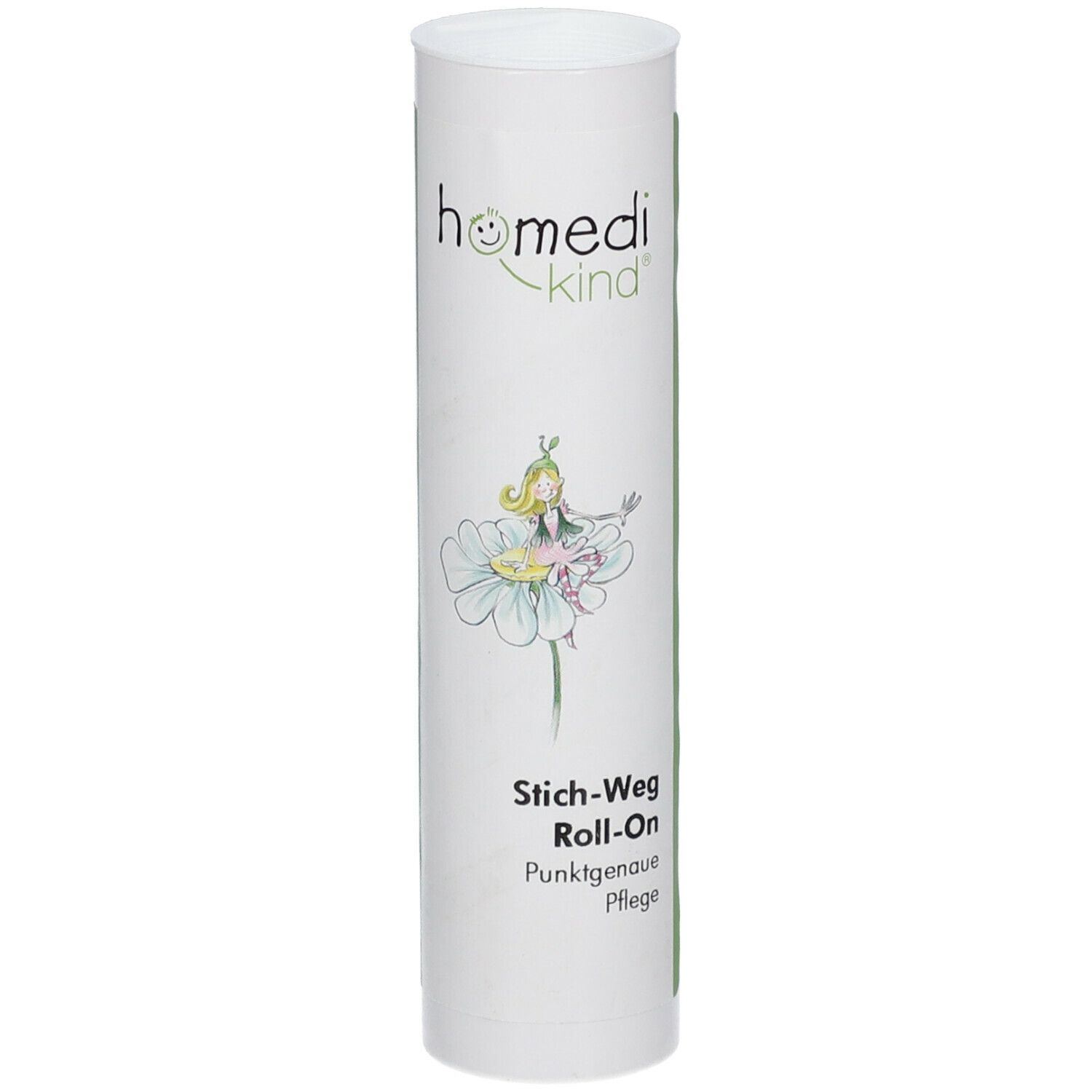 Emballage cylindrique, homedi-kind® Stich-Weg Roll-on. Impression : logo, illustration, nom du produit et soin.
