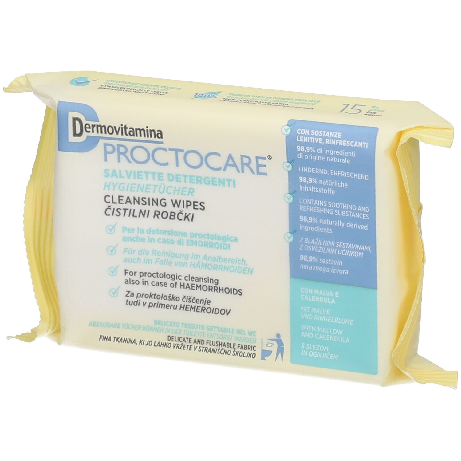 Emballage de lingettes nettoyantes Dermovitamina Protocare. Sachet jaune avec informations et logo.