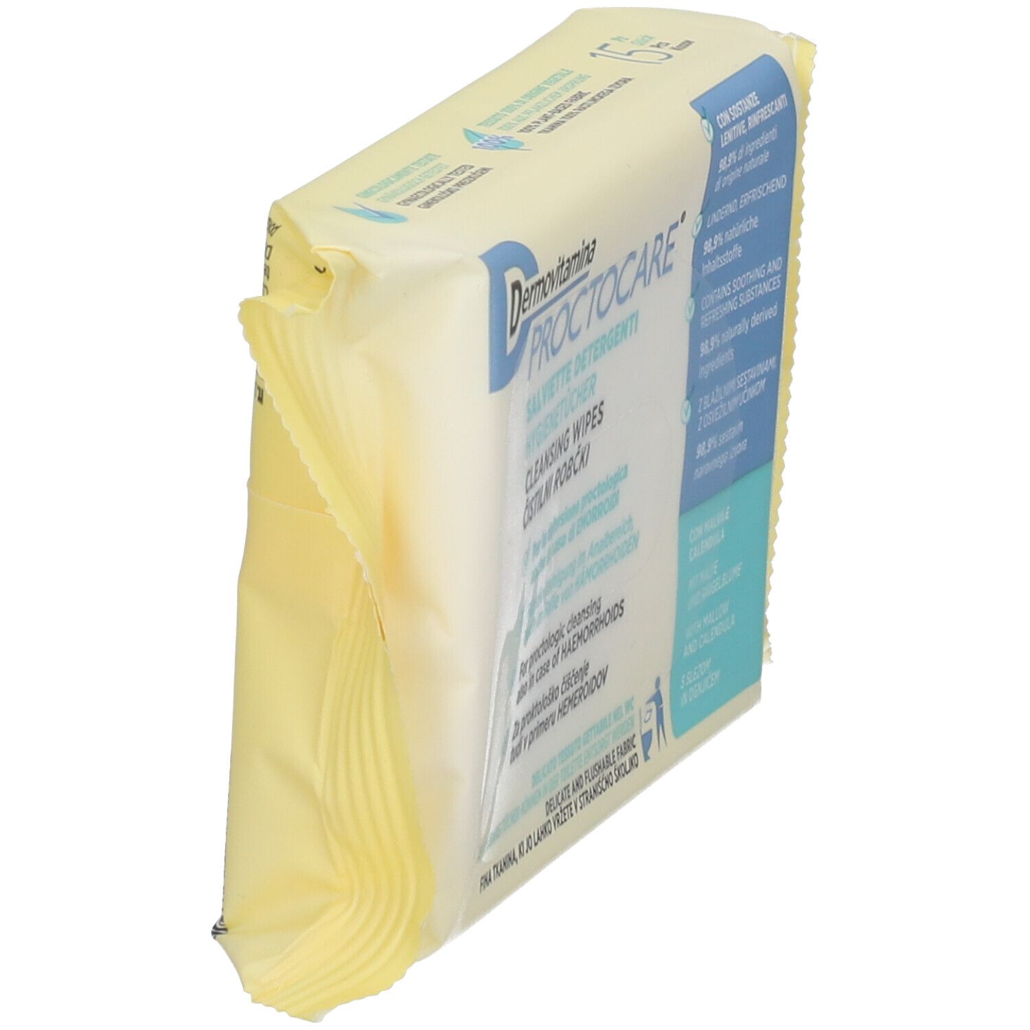 Dos de l'emballage des lingettes nettoyantes Dermovitamina Protocare. Informations et code-barres.