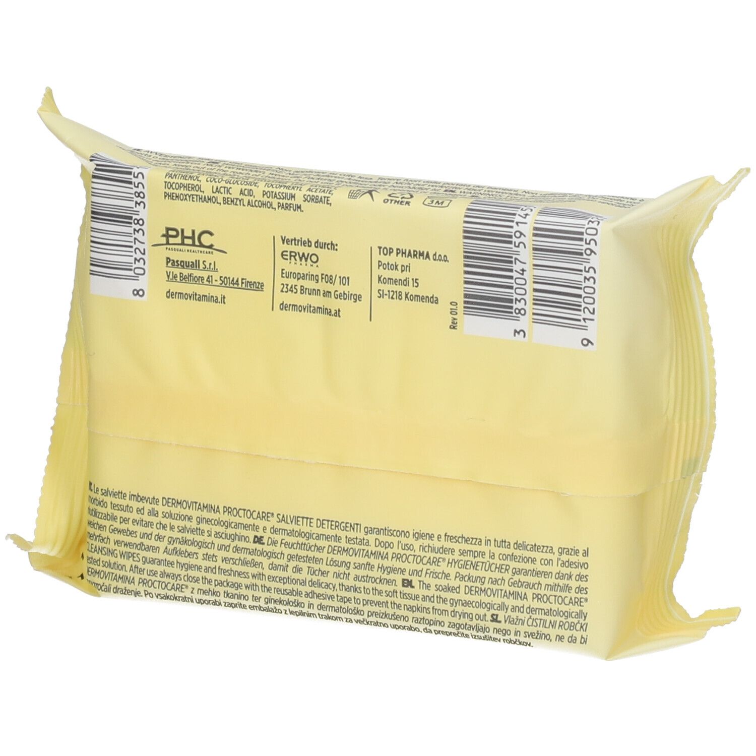 Dos de l'emballage des lingettes Dermovitamina Protocare. Vue détaillée des informations.