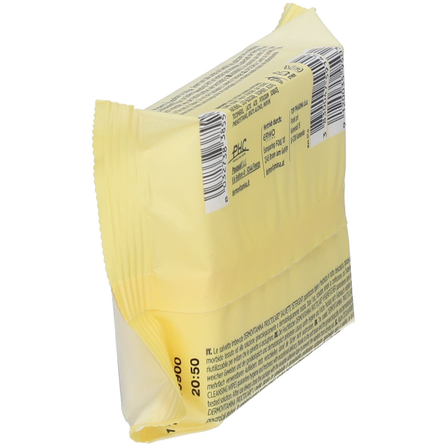 Vue oblique de l'emballage des lingettes Dermovitamina Protocare. Vue latérale avec texte.
