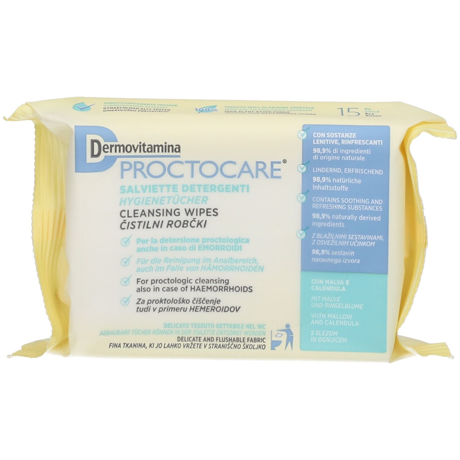 Emballage de lingettes nettoyantes Dermovitamina Protocare. Sachet jaune avec informations et logo.