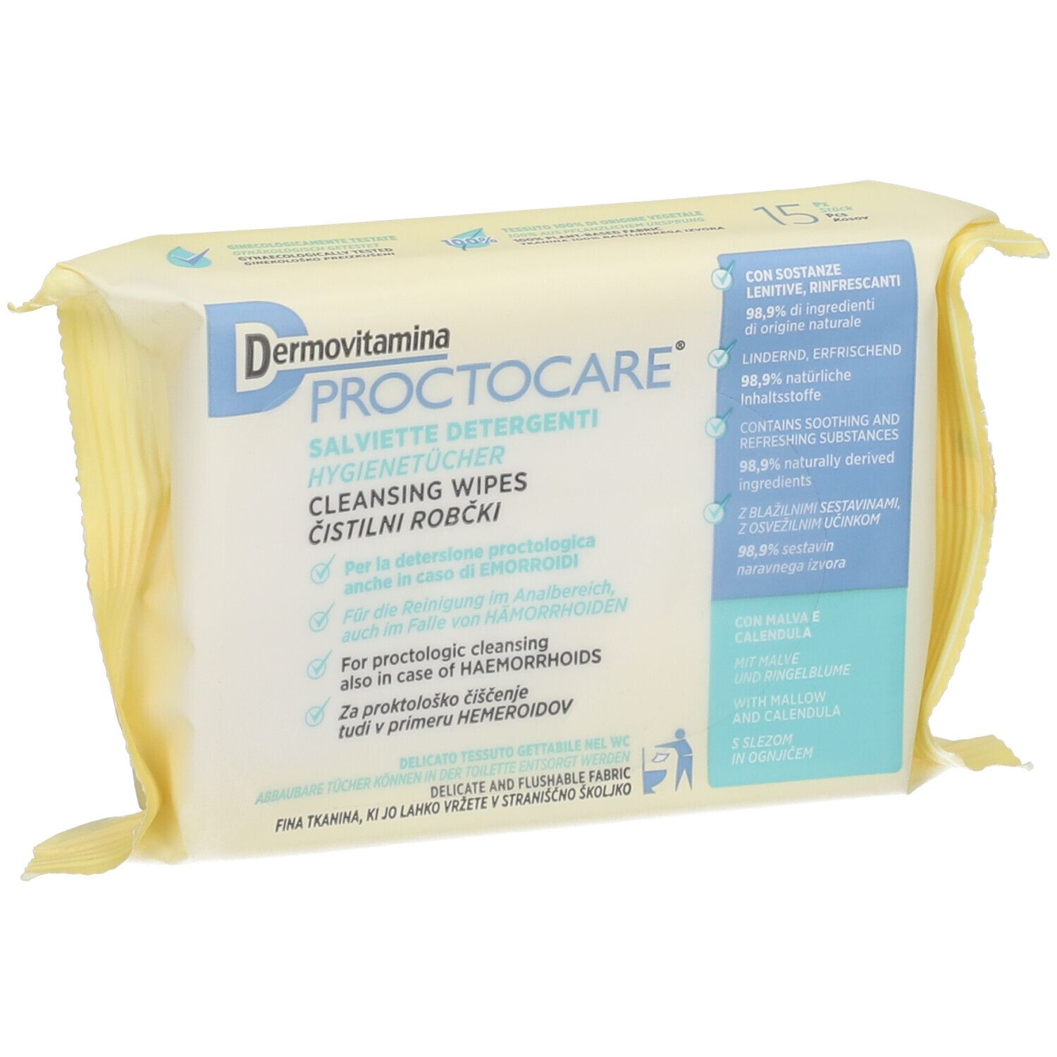 Emballage de lingettes nettoyantes Dermovitamina Protocare. Sachet jaune avec informations et logo.