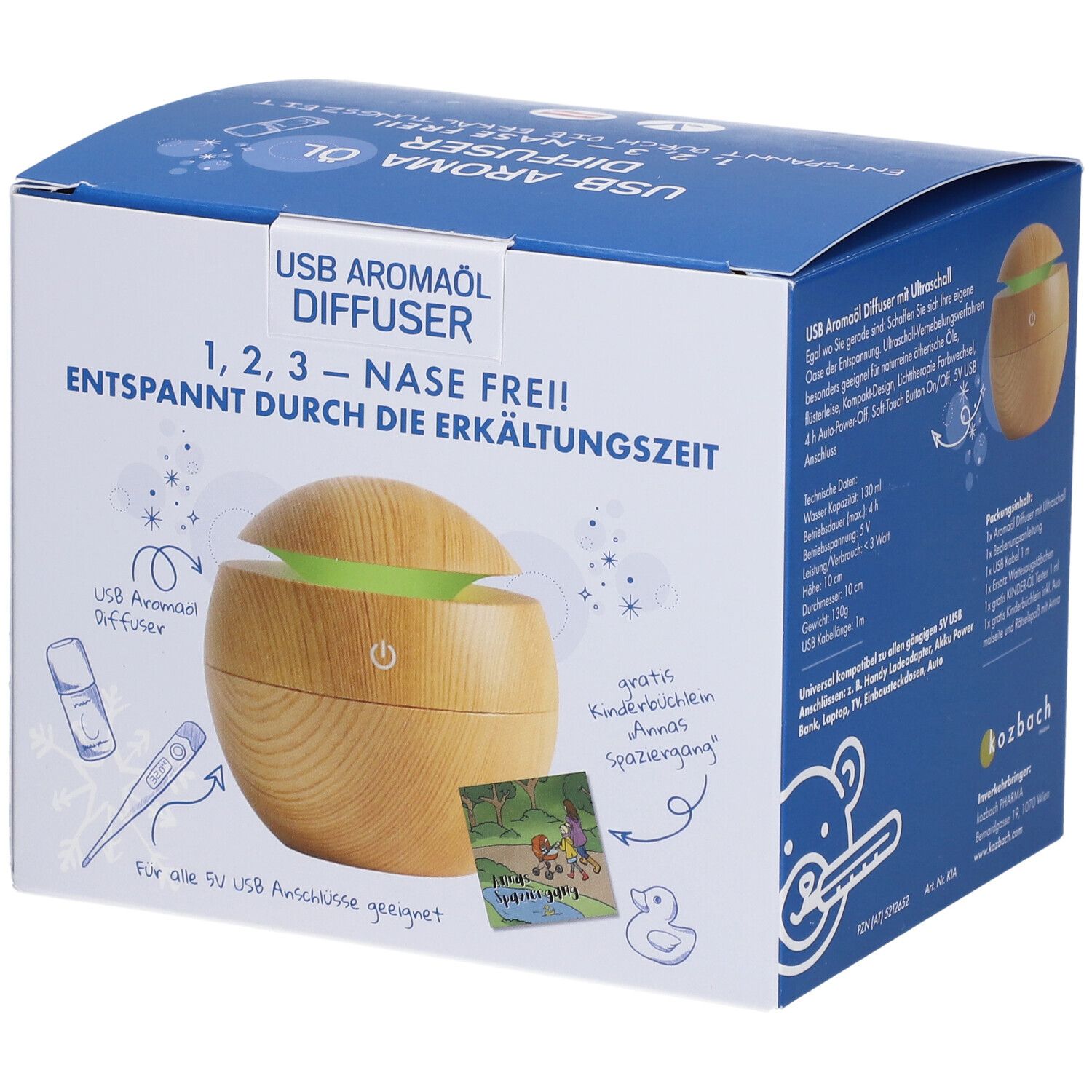 Emballage du produit. Inscription: USB Aromaöl Diffuser, 1,2,3 - Nase Frei! Illustration d'un diffuseur en bois avec lumière verte. Contient des accessoires.