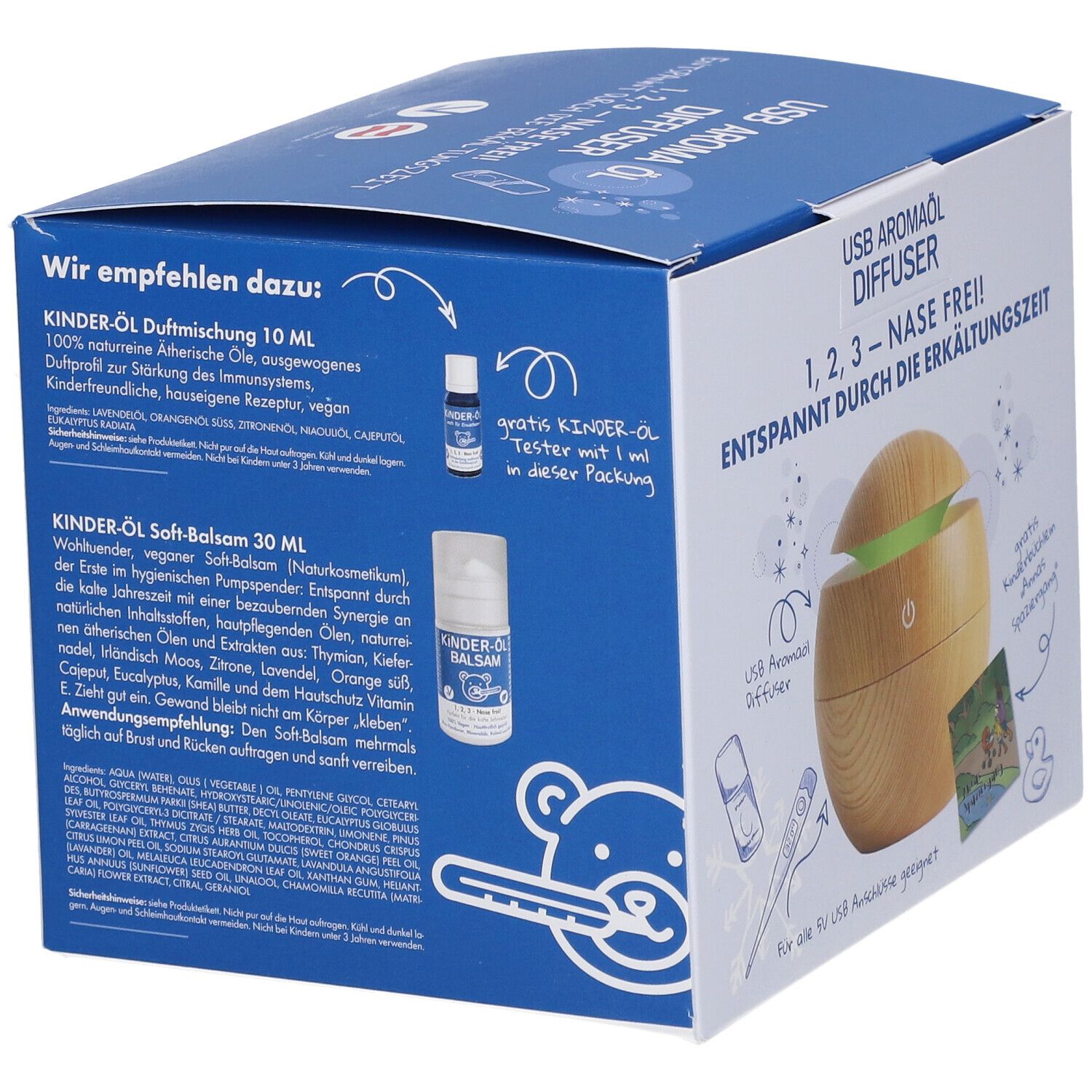 Emballage du produit. Inscription: USB Aromaöl Diffuser, 1,2,3 - Nase Frei! Verso avec informations sur le produit et illustrations d'huiles.