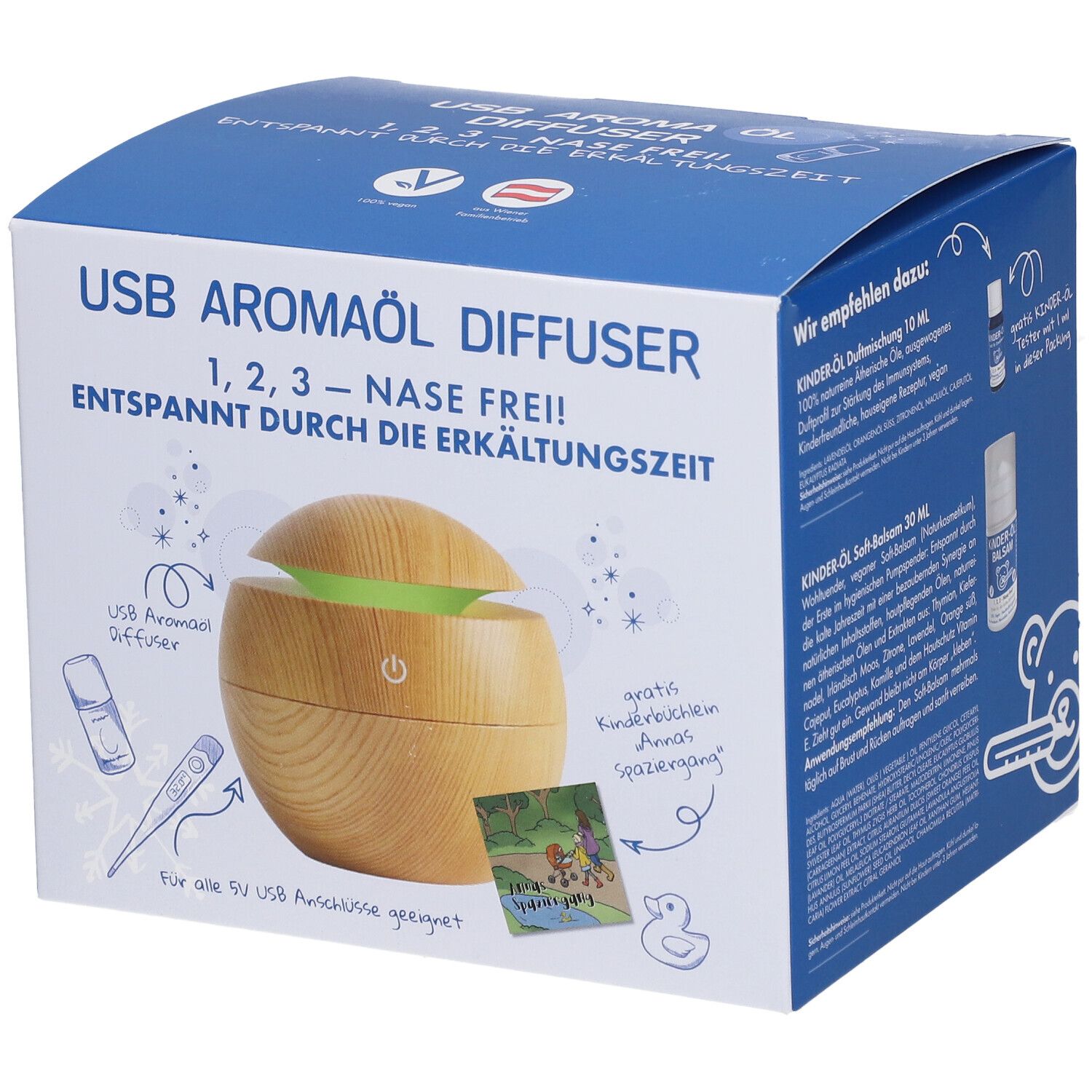 Emballage du produit. Inscription: USB Aromaöl Diffuser, 1,2,3 - Nase Frei! Face avant avec illustration du produit et accessoires.