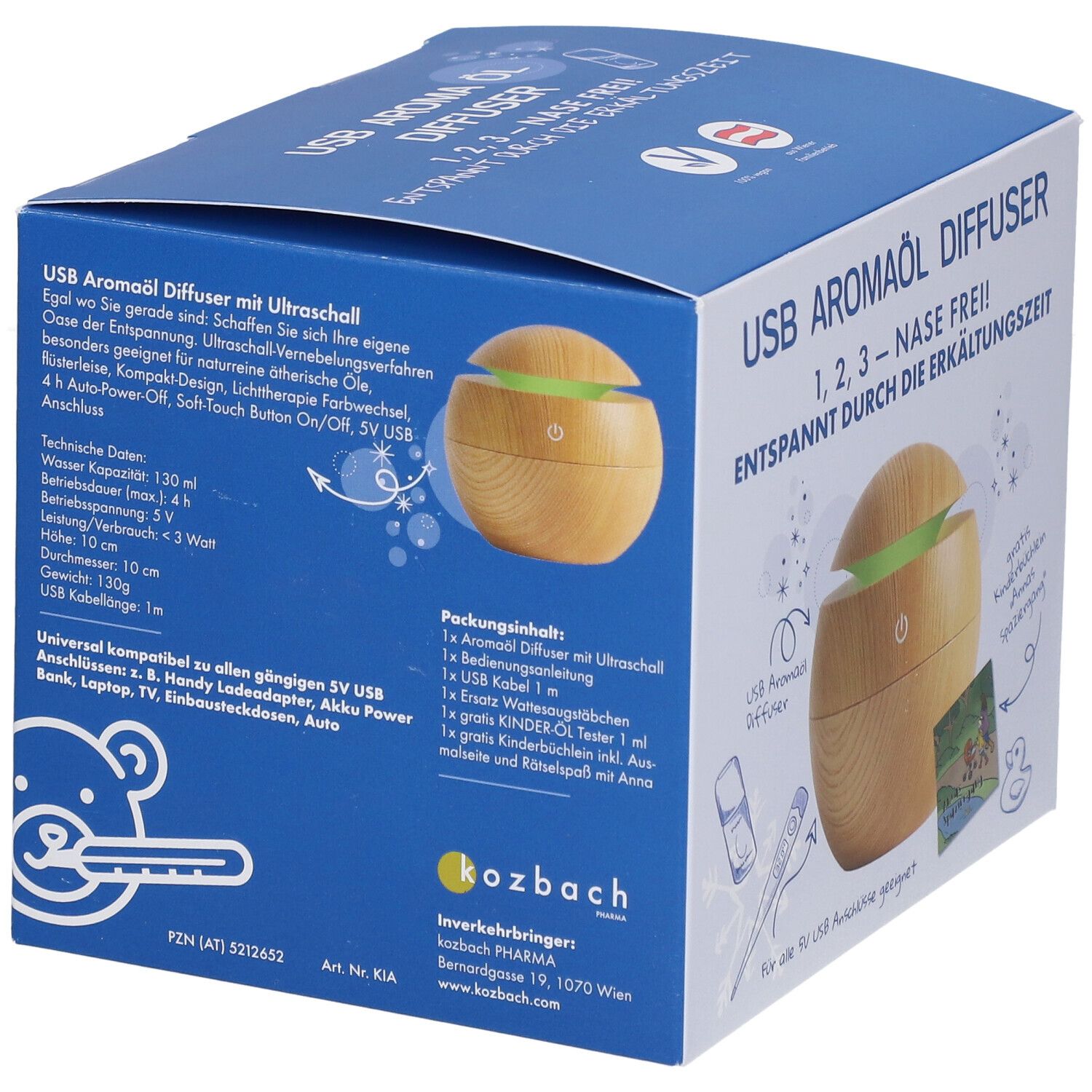 Emballage du produit. Inscription: USB Aromaöl Diffuser, 1,2,3 - Nase Frei! Données techniques et contenu. Diffuseur en bois illustré.