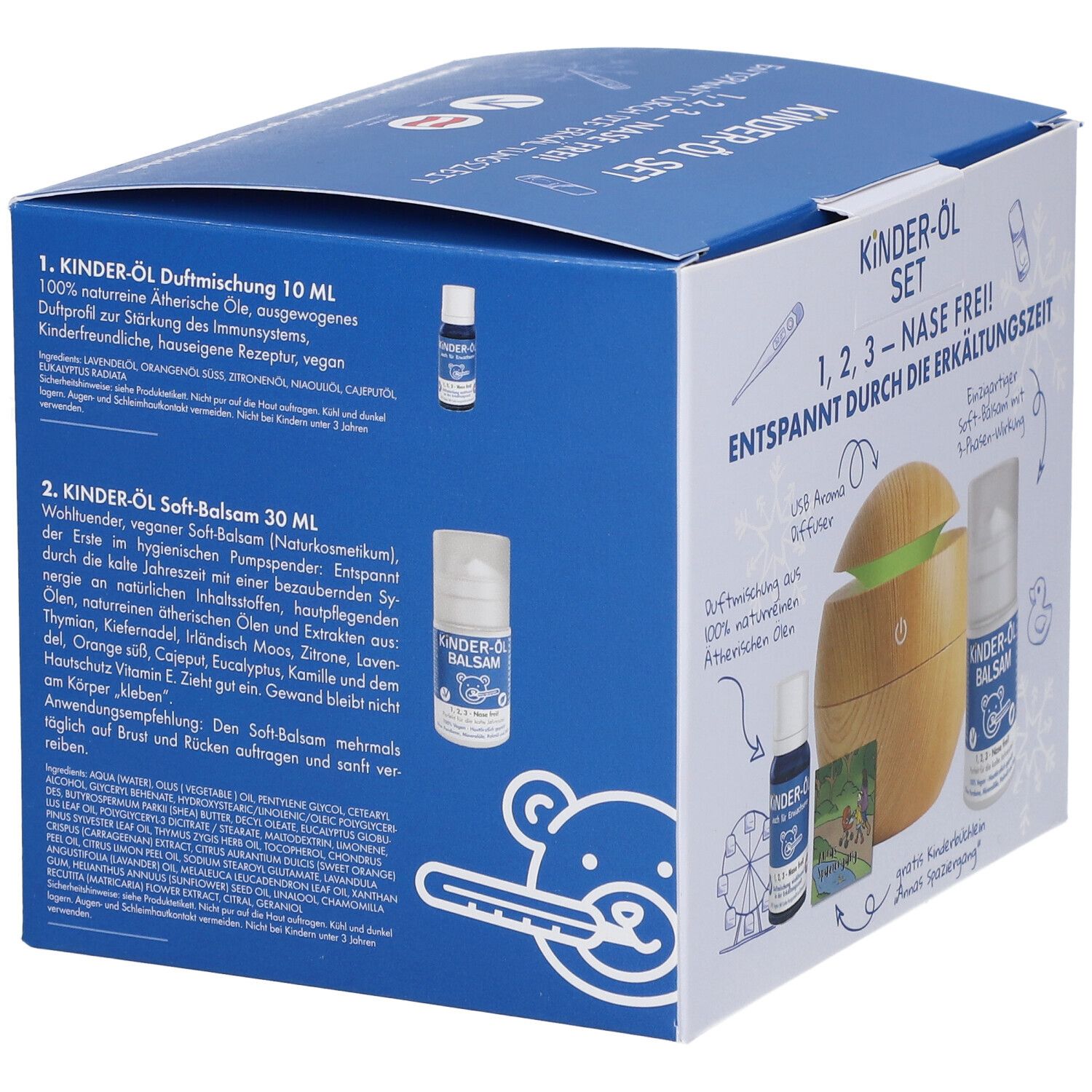 Set d'huiles pour enfants Kozbach avec diffuseur d'arômes USB, huile parfumée 10ml et baume 30ml.