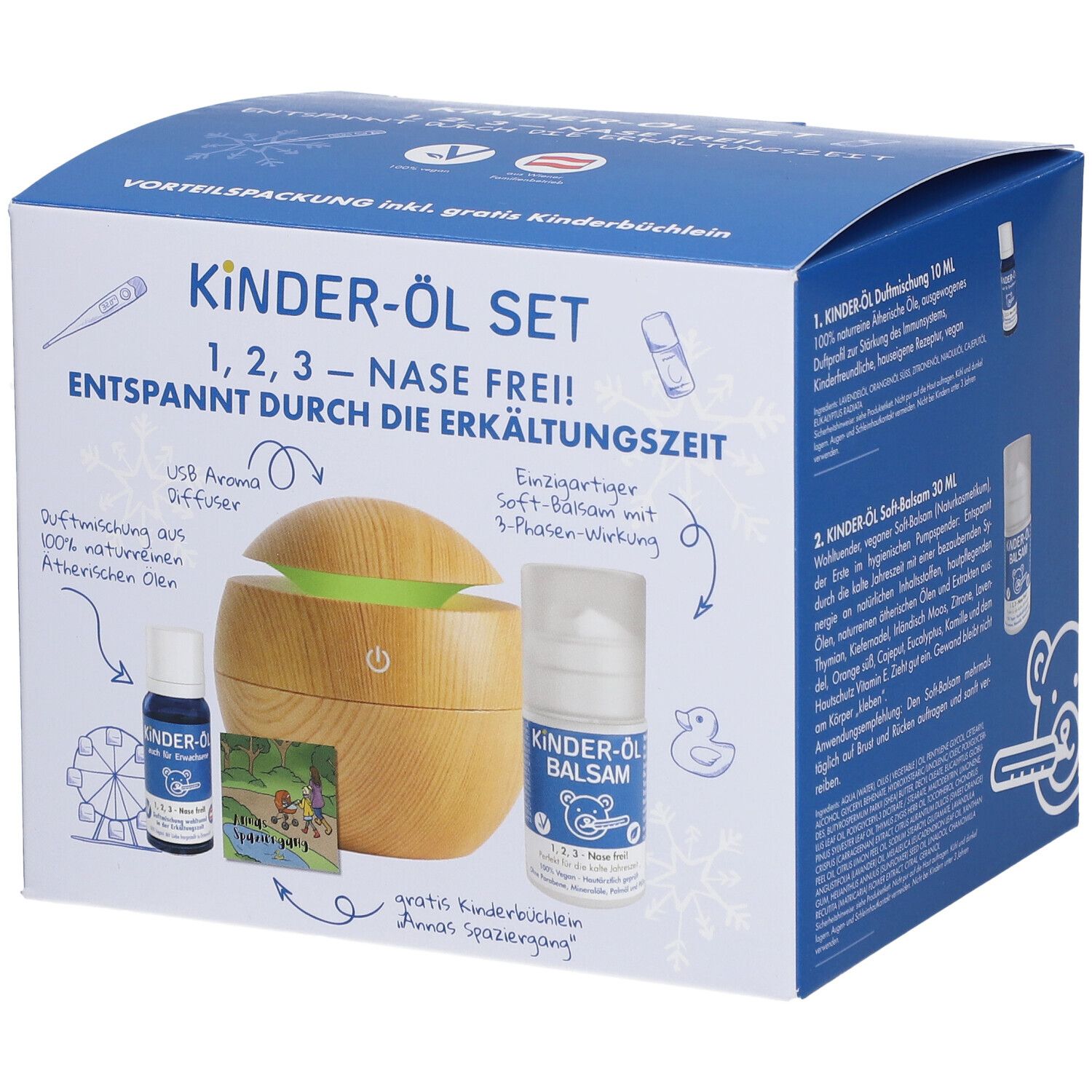 Set d'huiles pour enfants Kozbach avec diffuseur d'arômes USB, huile parfumée 10ml et baume 30ml.