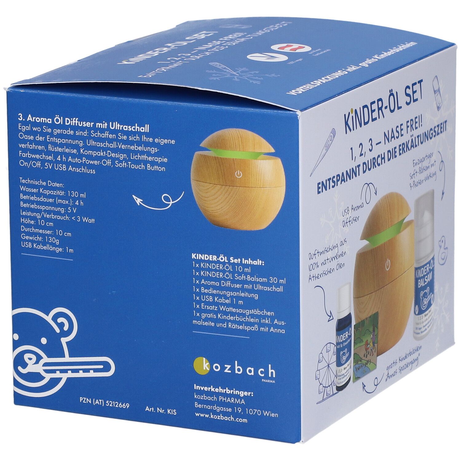 Set d'huiles pour enfants Kozbach avec diffuseur d'arômes USB, huile parfumée 10ml et baume 30ml.