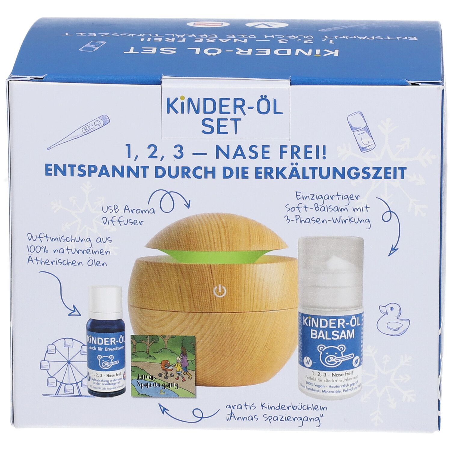 Set d'huiles pour enfants avec diffuseur d'arômes USB, baume pour enfants et mélange d'huiles essentielles naturelles.