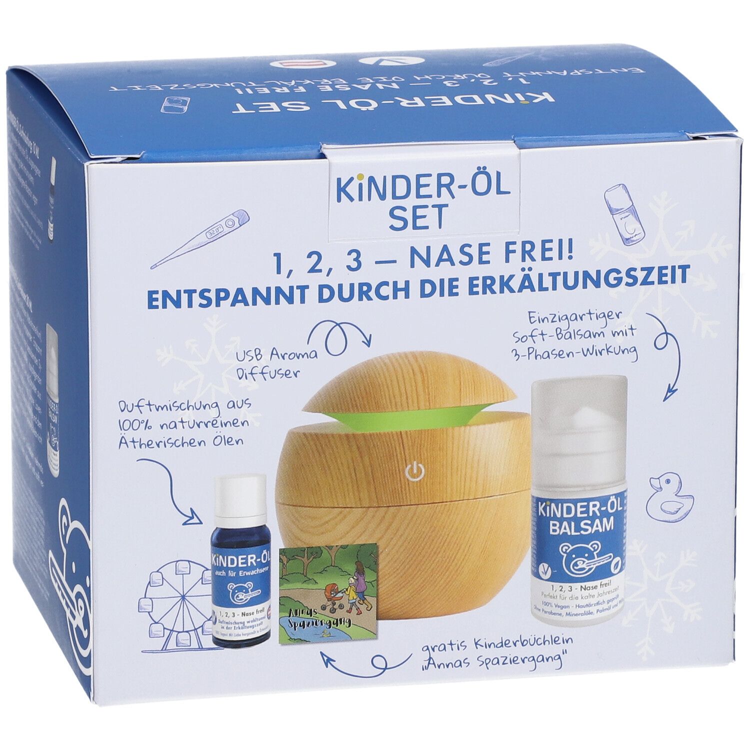Set d'huiles pour enfants avec diffuseur d'arômes USB, baume pour enfants et mélange d'huiles essentielles naturelles.