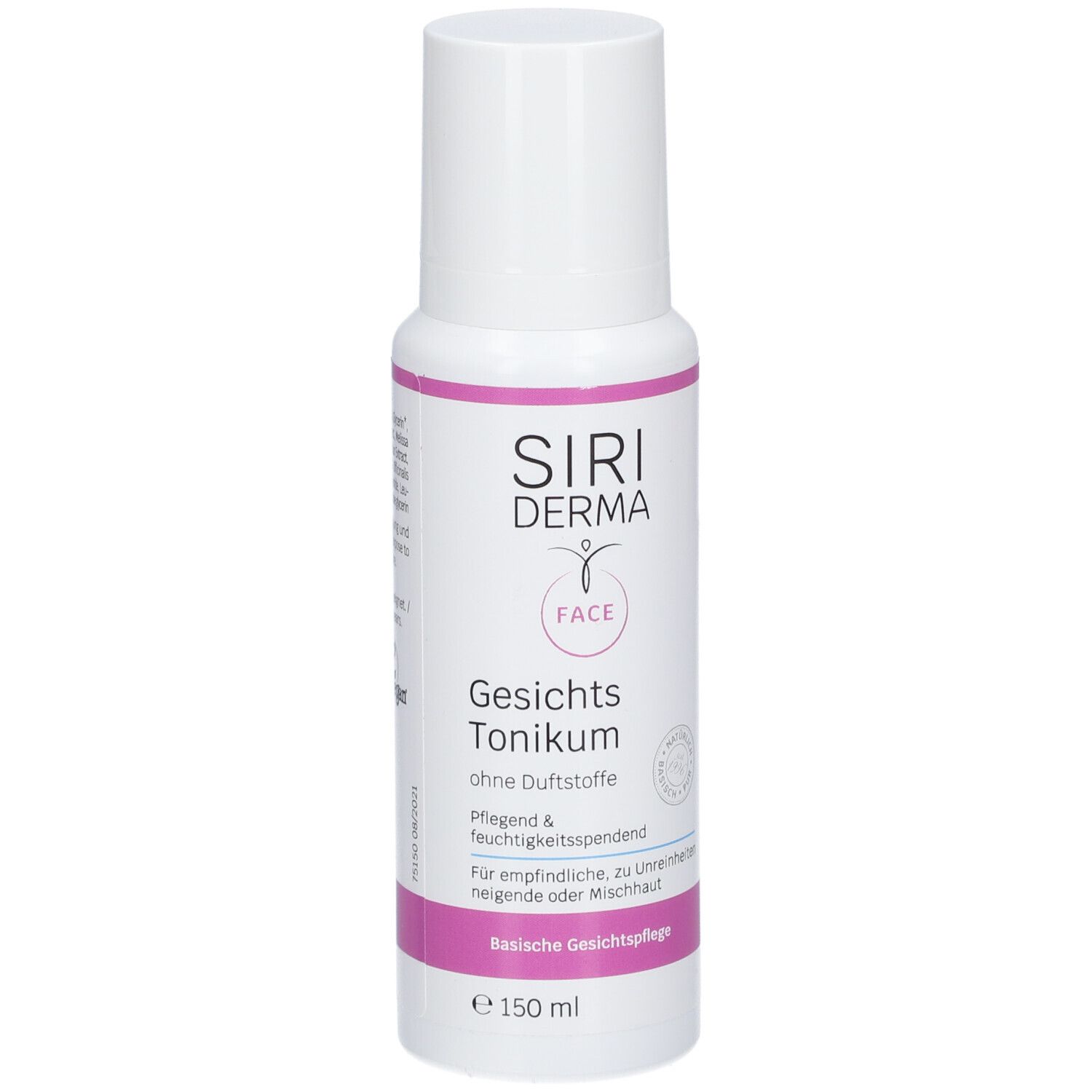 Flacon blanc avec accents roses. Inscription : SIRIDERMA, FACE, Gesichts Tonikum. Sans parfum. 150 ml.