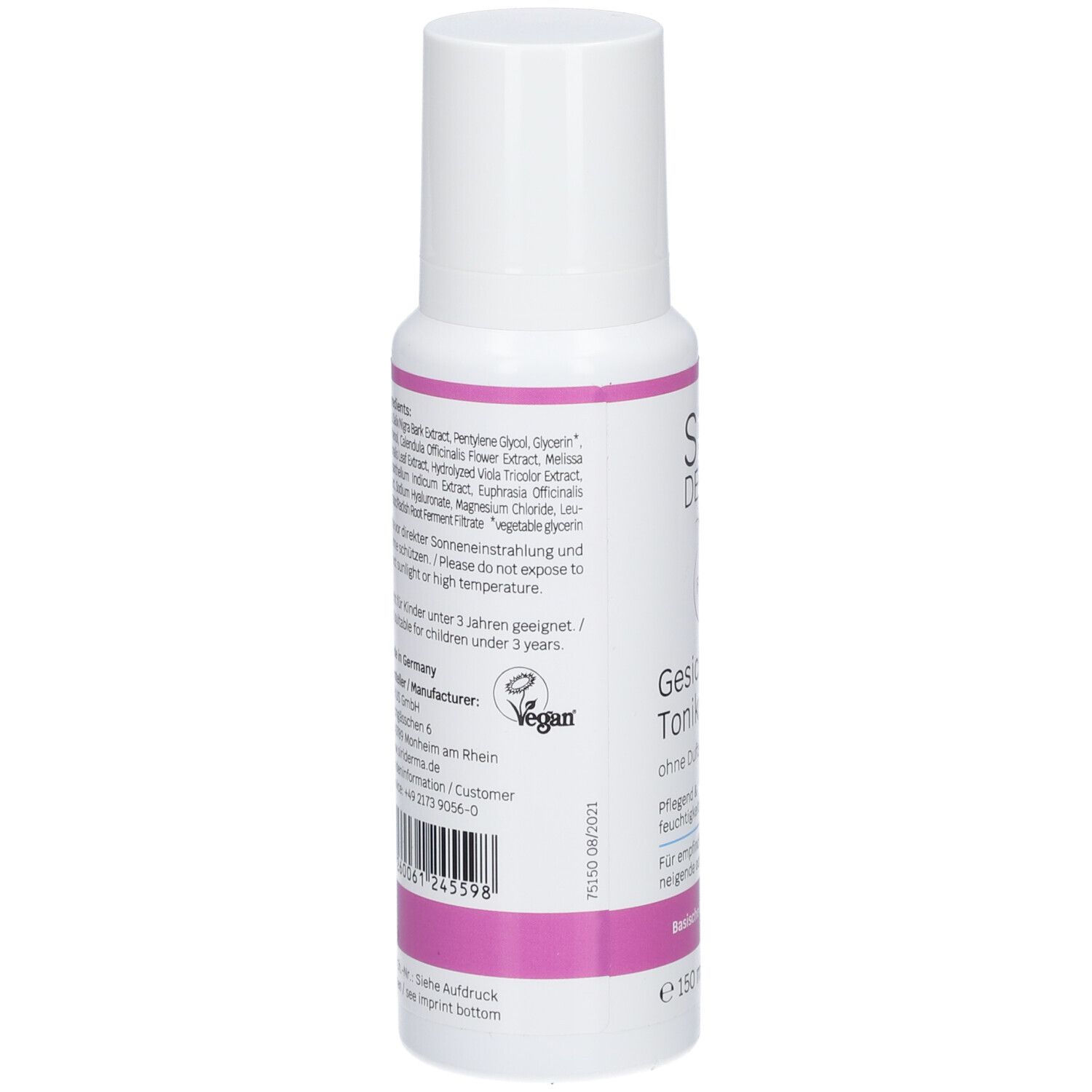Dos du flacon blanc. Inscription avec ingrédients, informations fabricant et label Vegan. 150 ml.