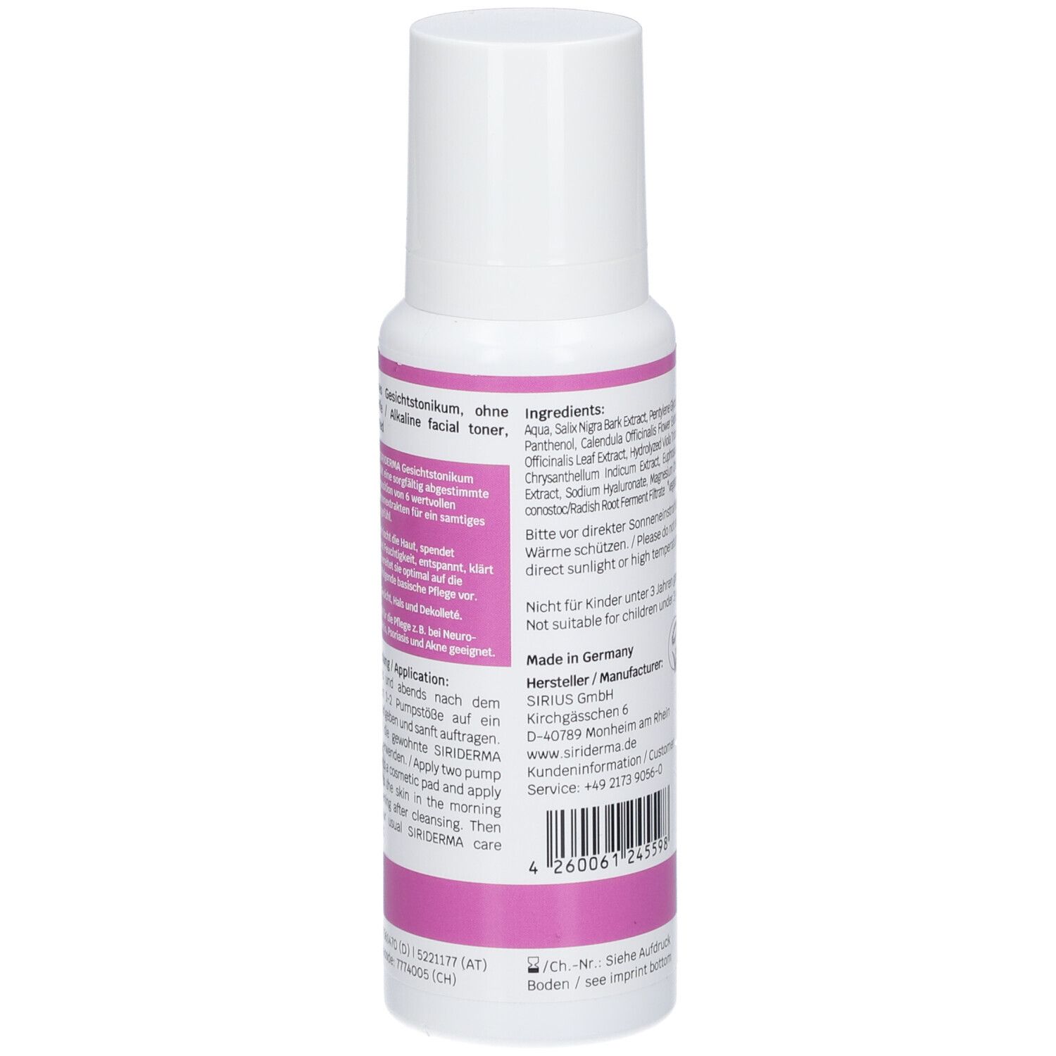 Dos du flacon blanc. Inscription avec ingrédients, informations fabricant et label Vegan. 150 ml.